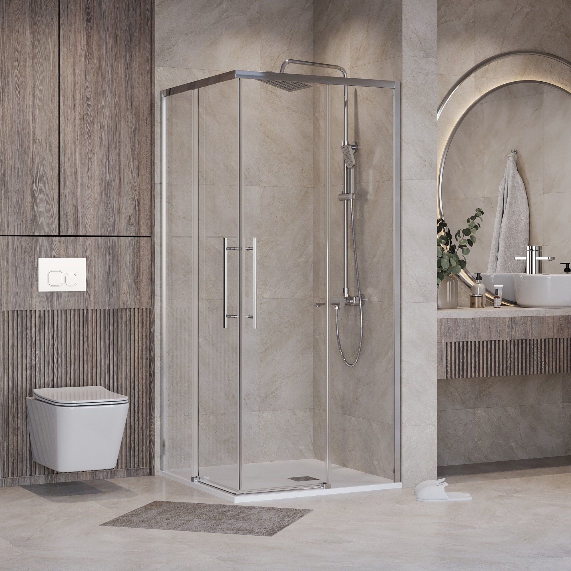 Душевое ограждение NG-6630-34 (100*100*195) квадрат, раздвижная, хром, стекло прозрачное