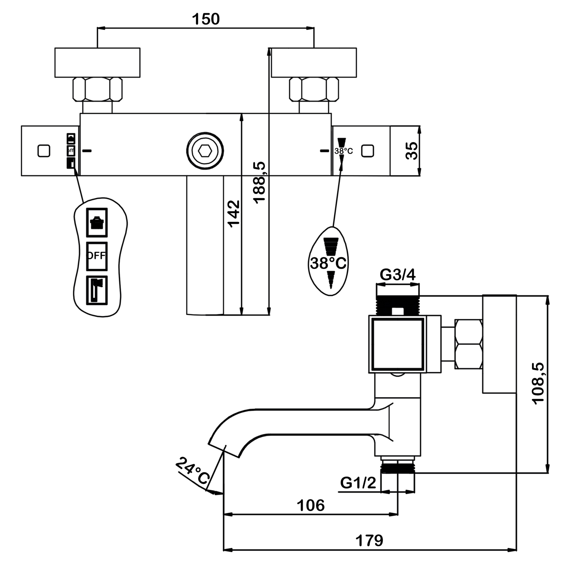 Смеситель термостатический для ванны с поворотным изливом и верхним подключением Swedbe Hermes 9043B