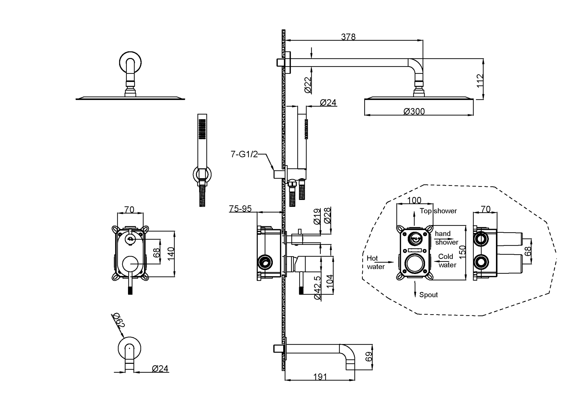 Смеситель встроенный + верхний+ ручной душ Uno. Хром с изливом