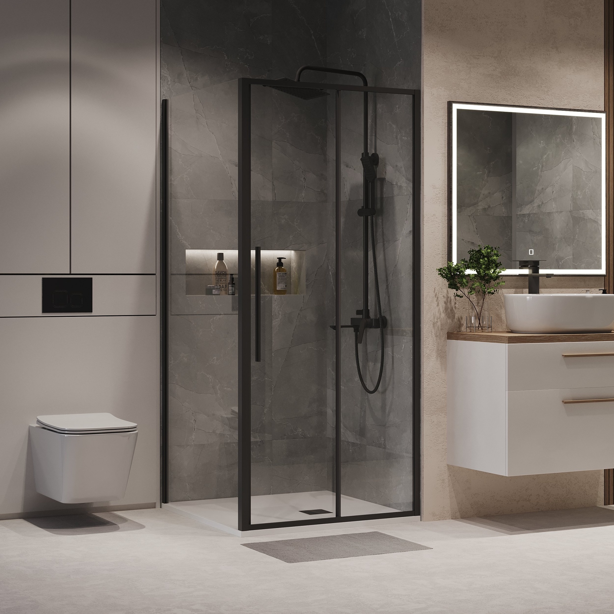 Душевое ограждение NG-84-9AB-A100B-34 (90*100*195) прямоуг,раздвижн.,черный матов.,стекло прозрачн.