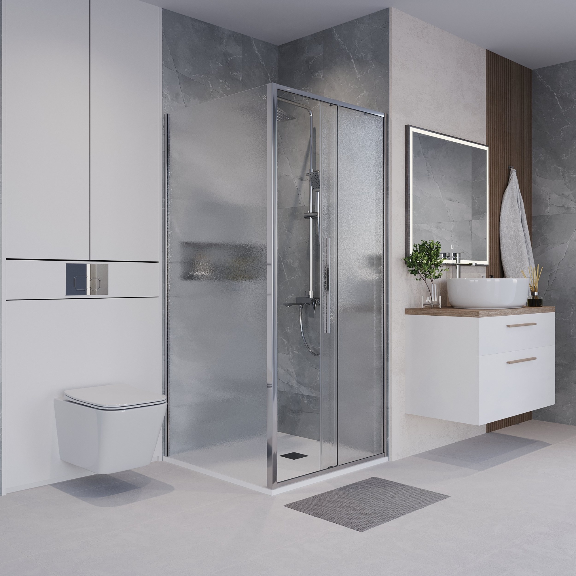 Душевое ограждение NG-65-9CH-CH100-34 (90*100*195) прямоугольник,раздвижная,хром,стекло шиншилла