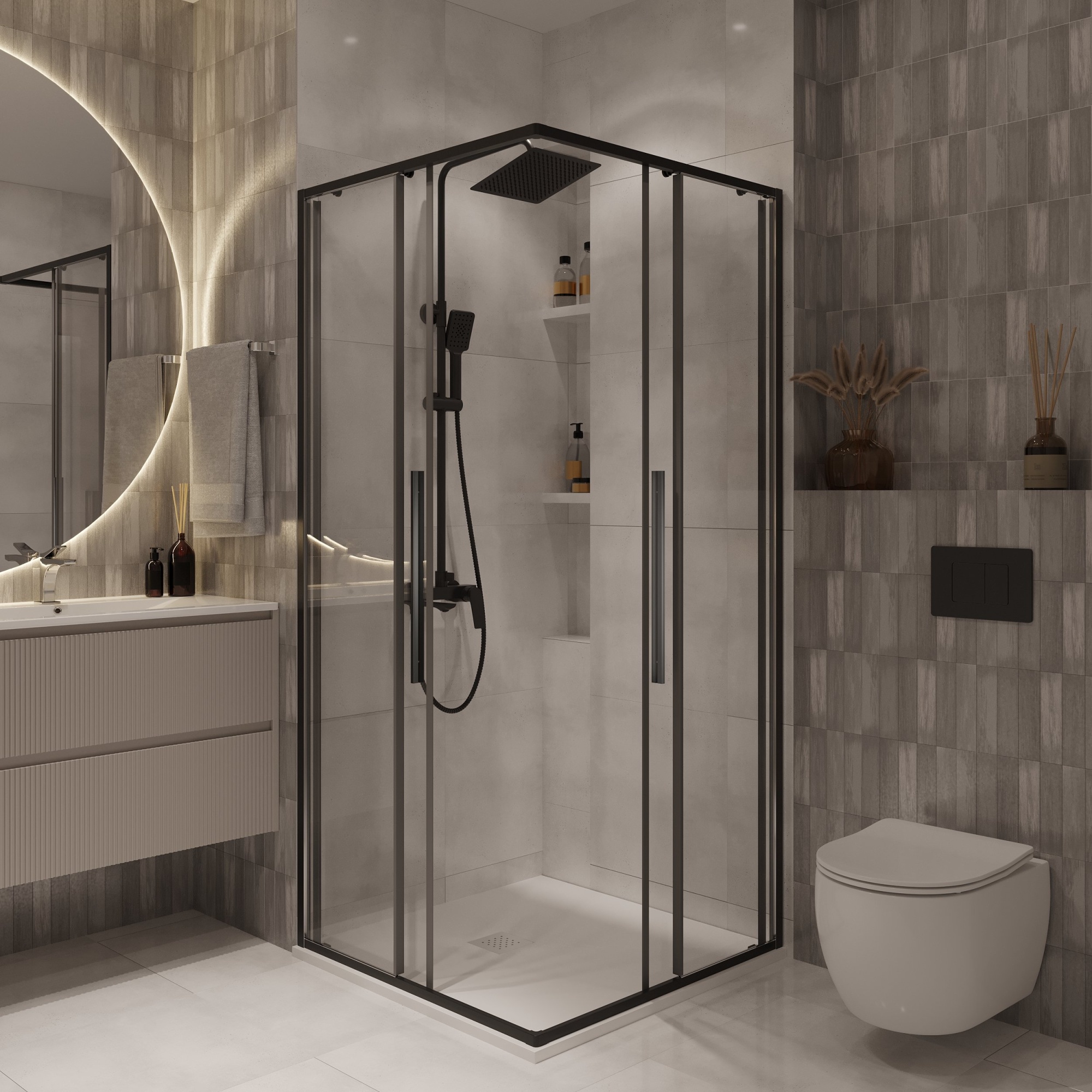 Душевое ограждение NG-6823-34BLACK (90*90*195) квадрат, раздвижная, черный матов., стекло прозрач