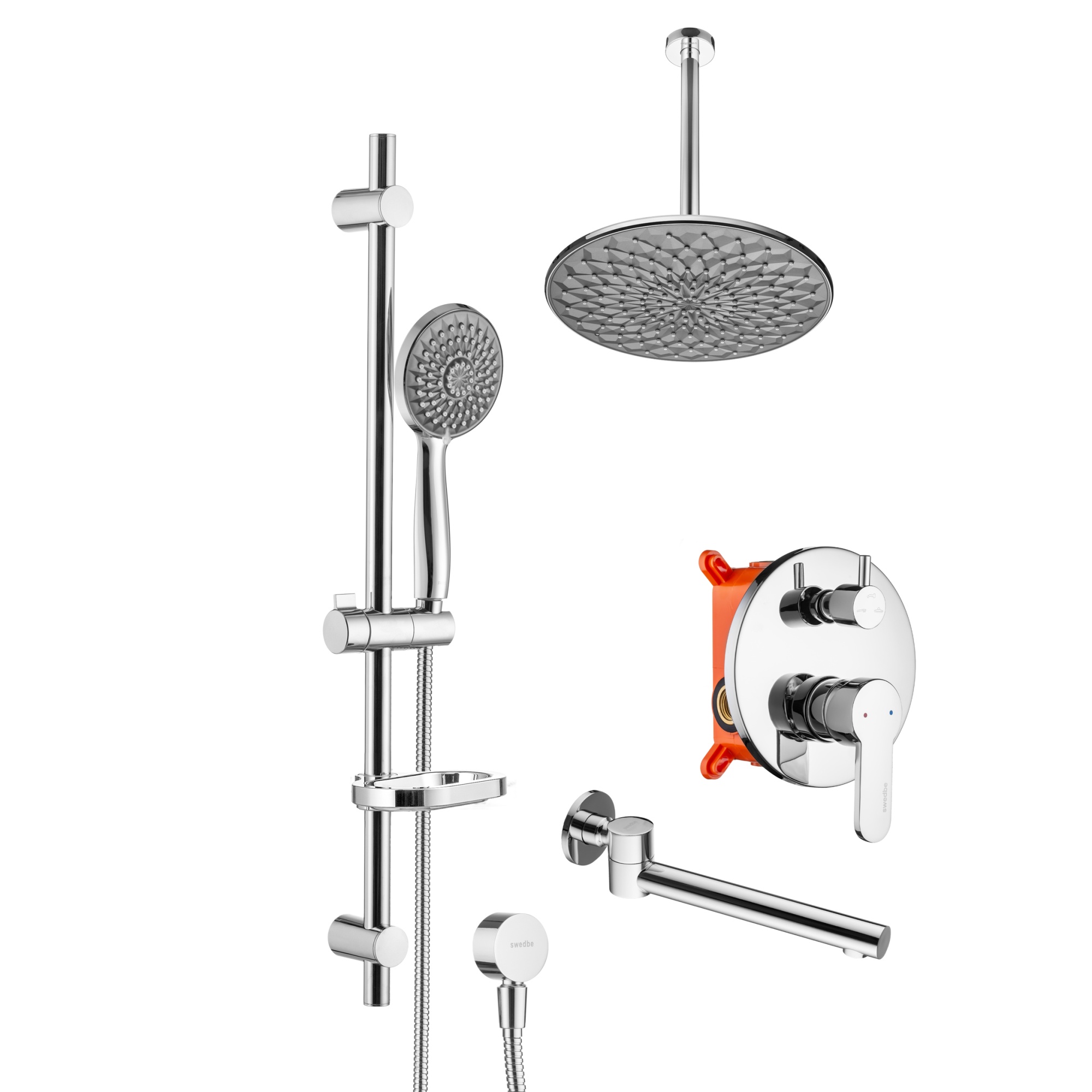 Душевой комплект со встраиваемым смесителем (с монтажным боксом), верхним душем и поворотным изливом Swedbe Platta 5543G1