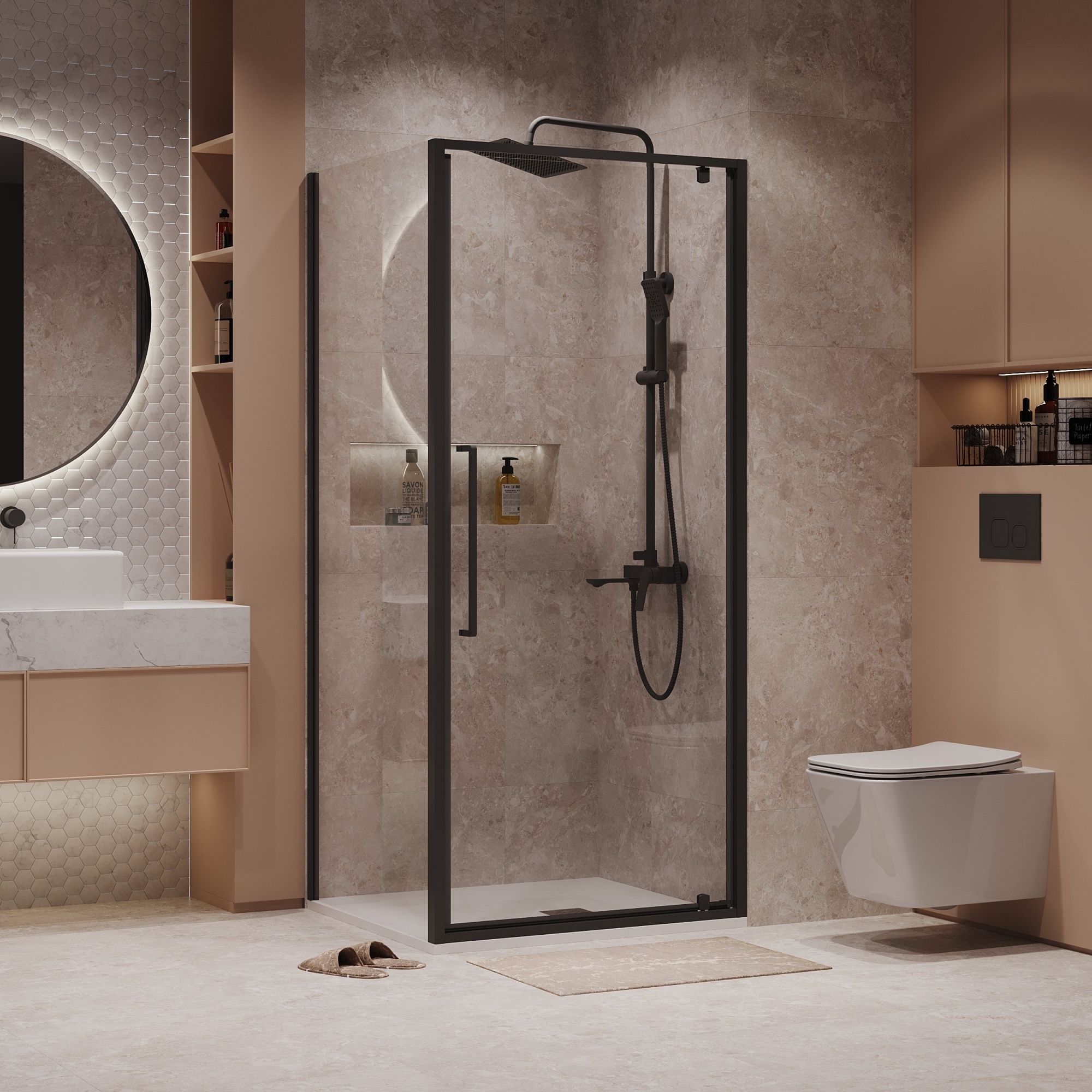 Душевое ограждение NG-85-8AB-A100B-34 (80*100*195) прямоугол,распашн,черный матов,стекло прозрачн