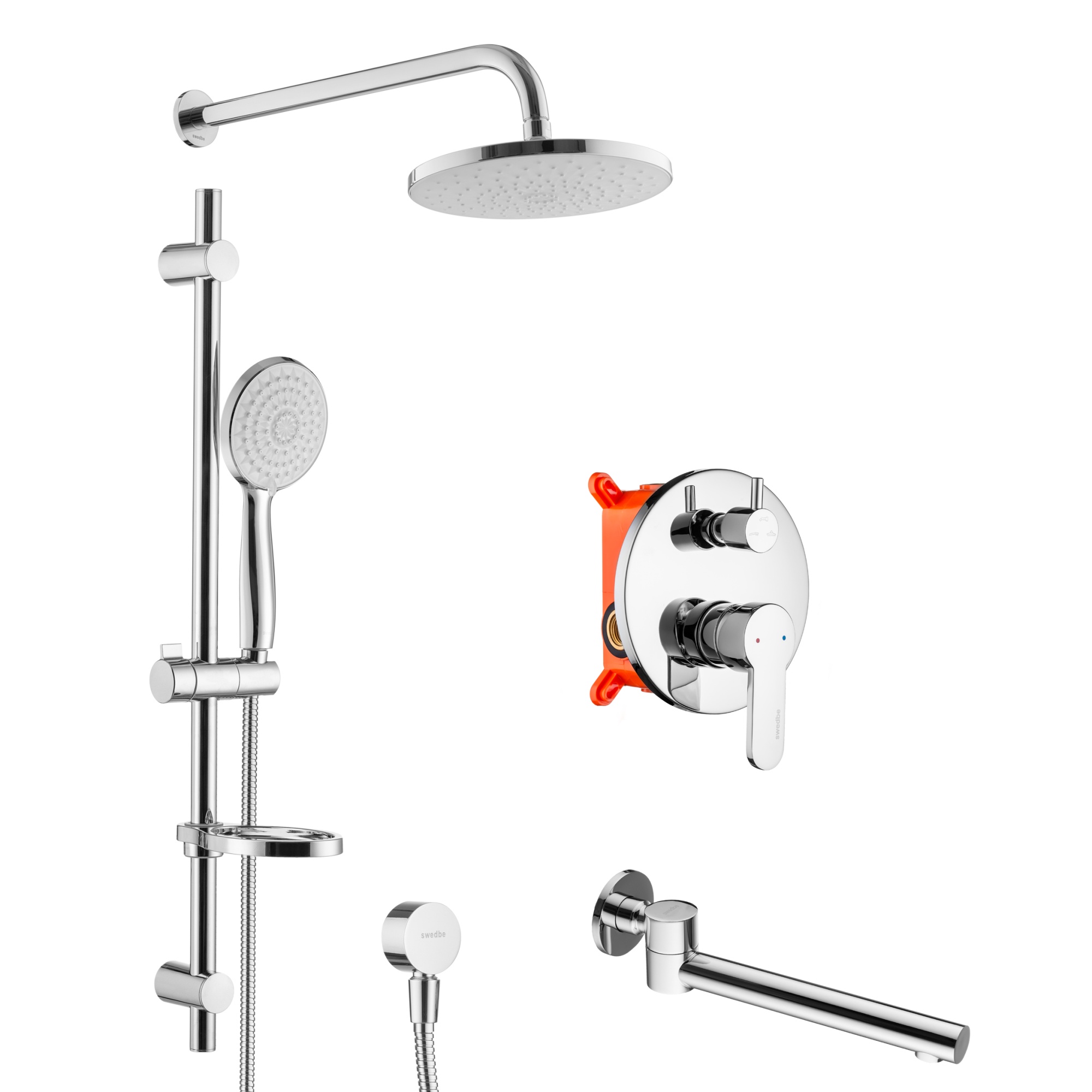 Душевой комплект со встраиваемым смесителем (с монтажным боксом), верхним душем и поворотным изливом Swedbe Platta 5541