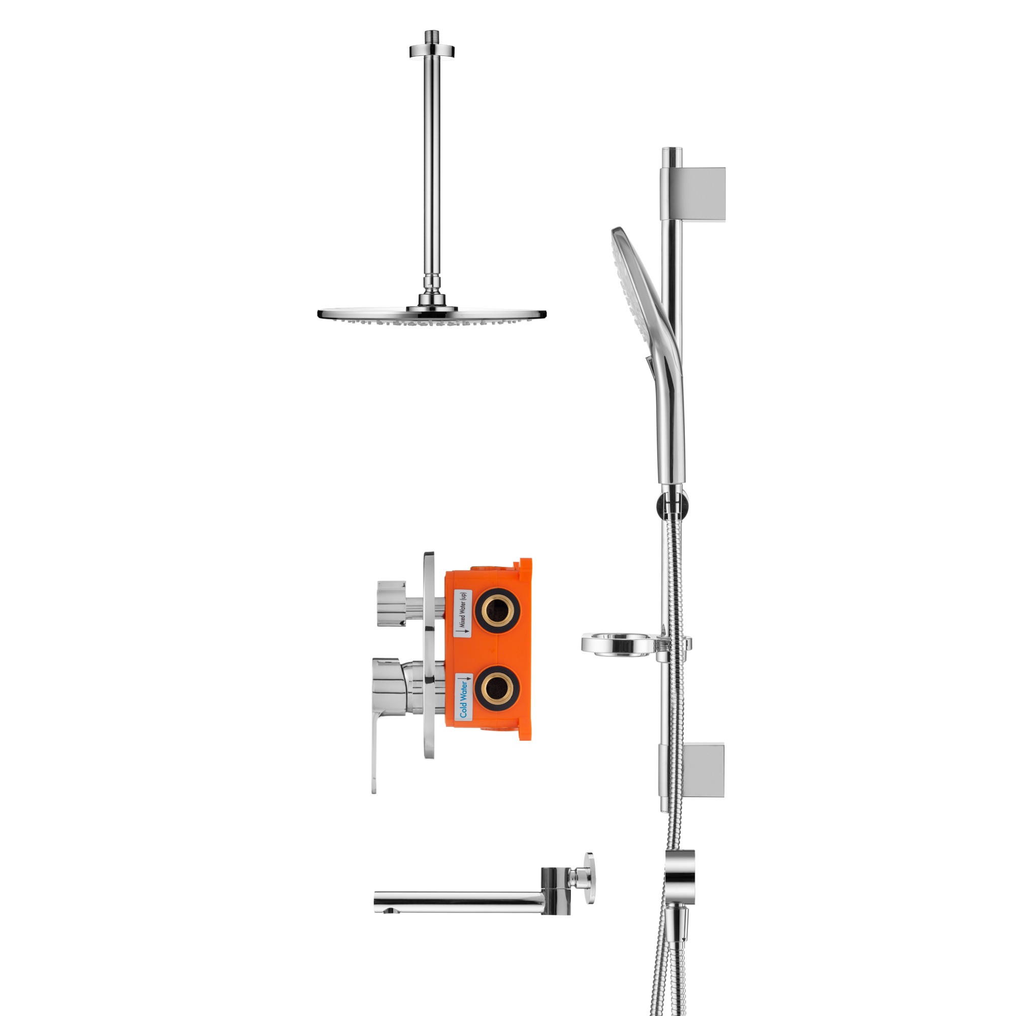 Душевой комплект со встраиваемым смесителем (с монтажным боксом), верхним душем и поворотным изливом Swedbe Platta 5543