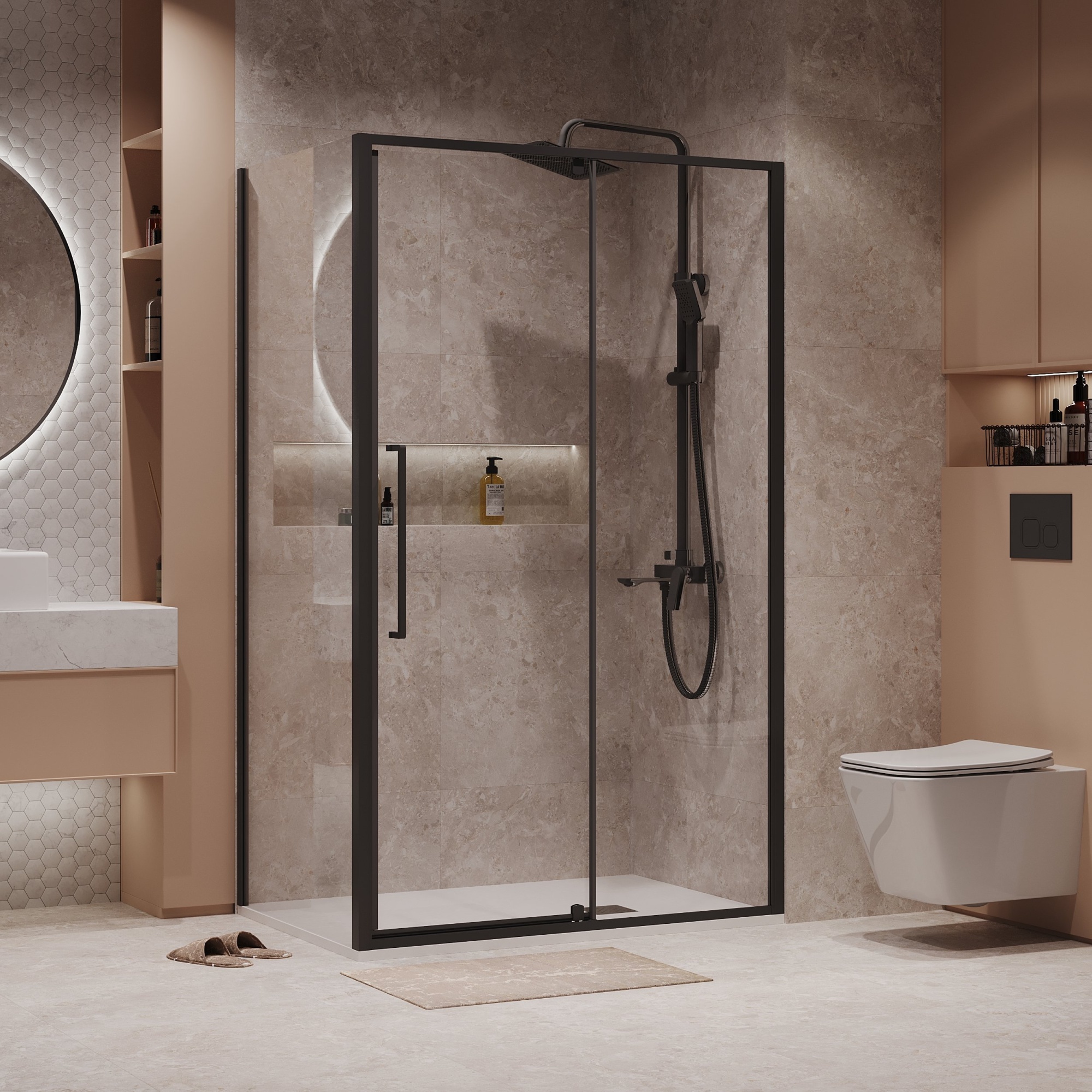 Душевое ограждение NG-85-11AB-A90B-34 (110*90*195) прямоугол,распашн,черный матов,стекло прозрачнт