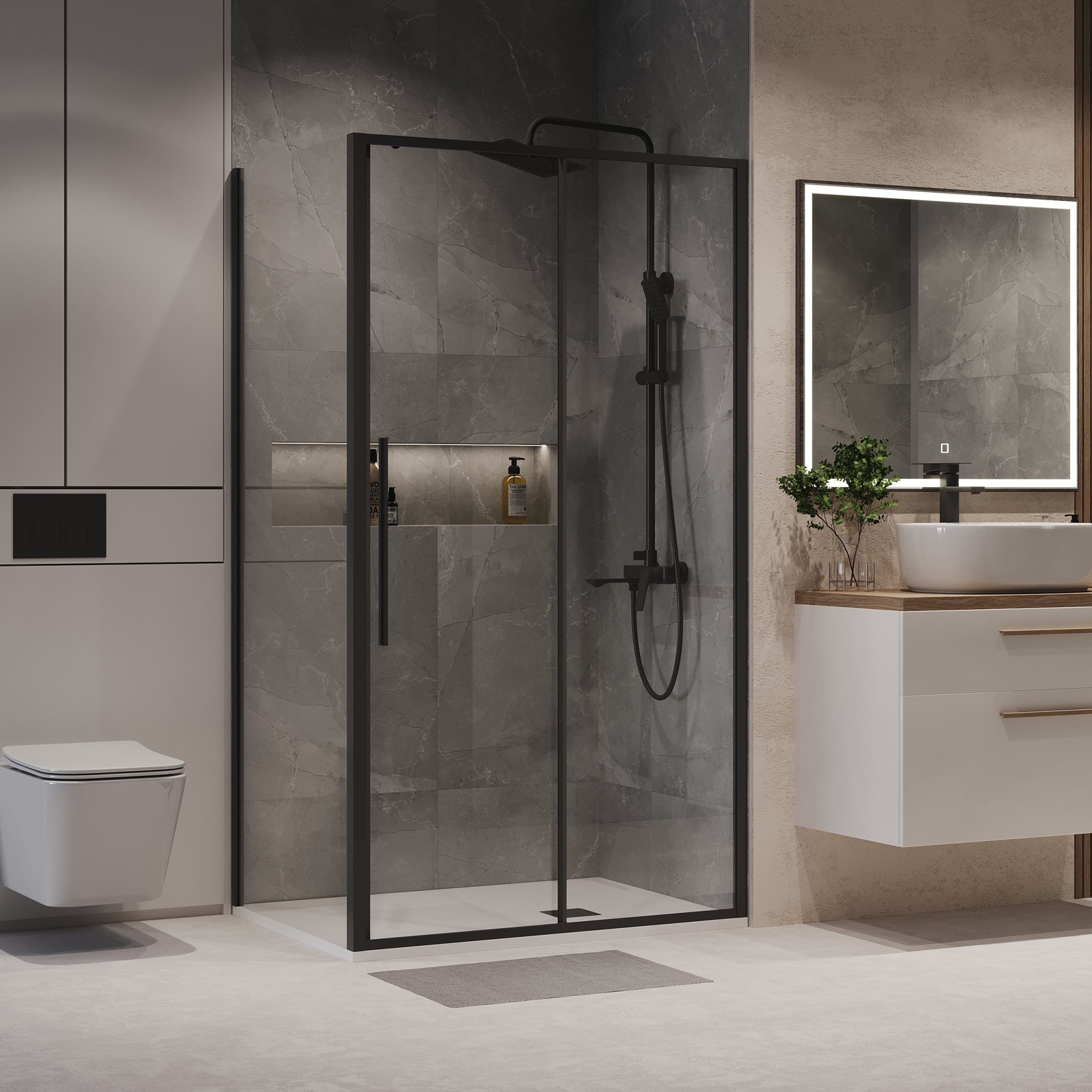 Душевое ограждение NG-84-13AB-A80B-34 (130*80*195) прямоуг.,раздвижн.,черный матов,стекло прозрачн.