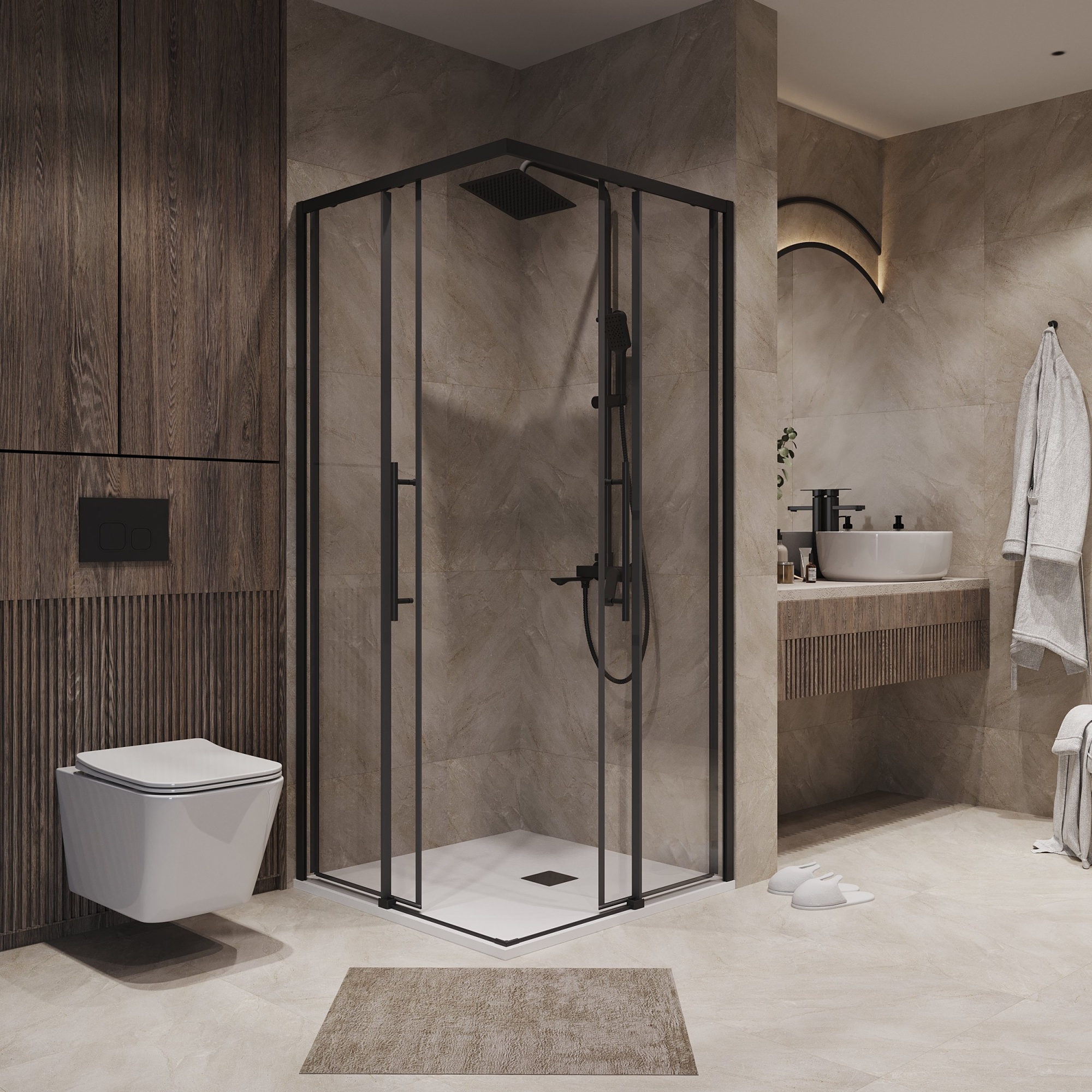 Душевое ограждение NG-6828-34BLACK (80*80*195) квадрат, раздвижная, черный матовый, стекло прозрач.