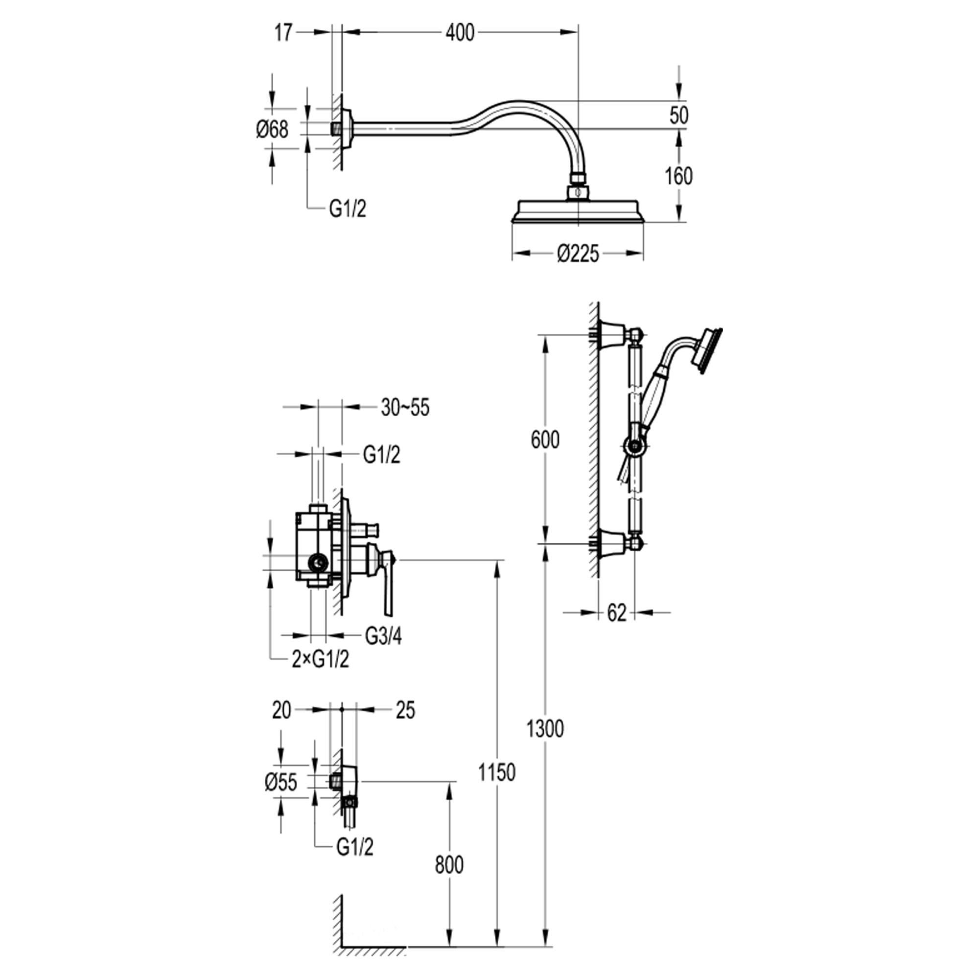 Семейный душ со смесителем встраиваемый Swedbe Terracotta Art 2515