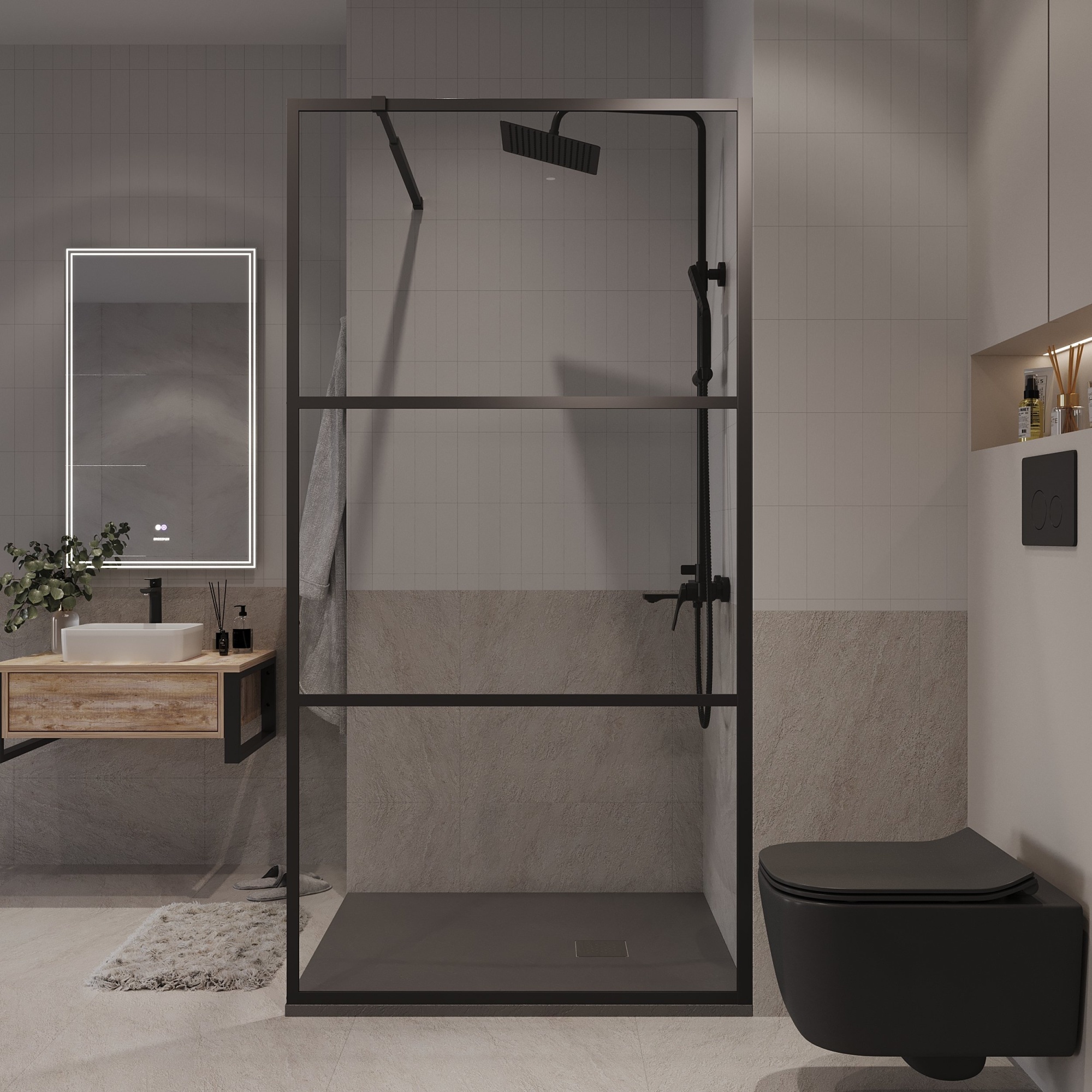 Душевая перегородка NG-688-12BLACK (120*195) черный матовый, стекло прозрачное с рисунком