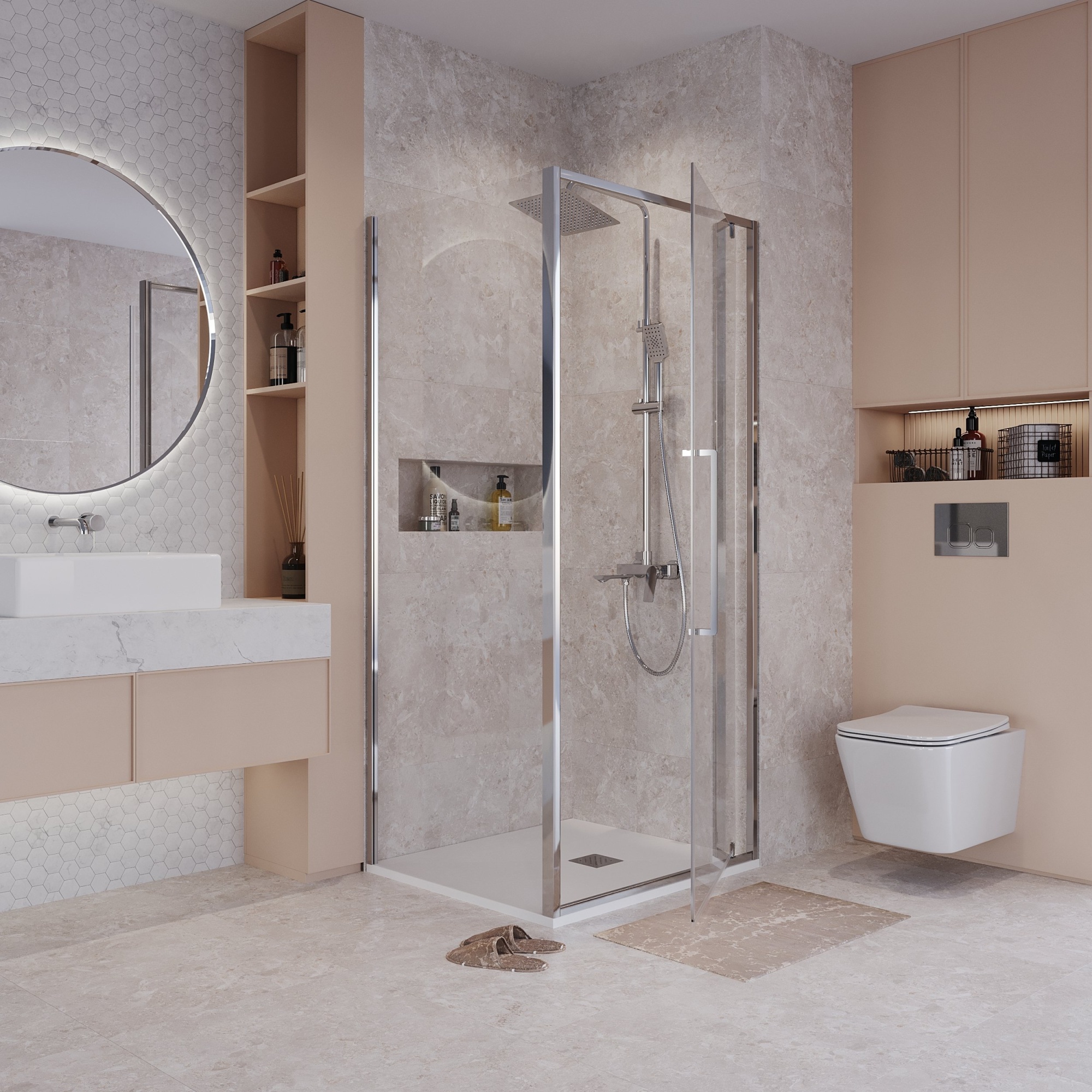 Душевое ограждение NG-66-9A-A90-34 (90*90*195) квадрат,распашная,хром,стекло прозрачное