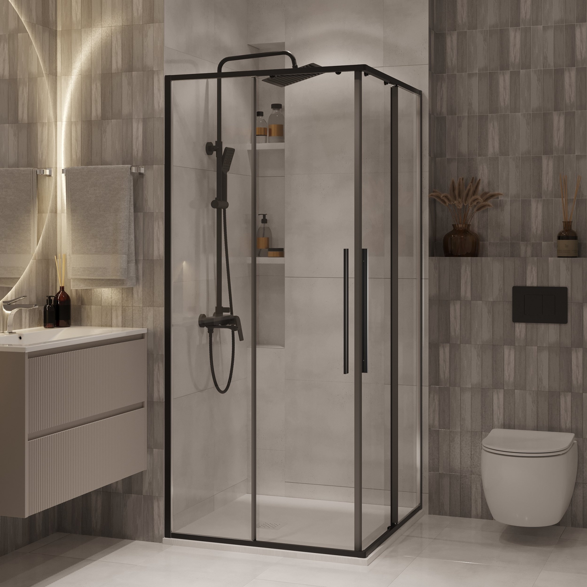 Душевое ограждение NG-6822-34BLACK (80*80*195) квадрат, раздвижная, черный матов, стекло прозрач