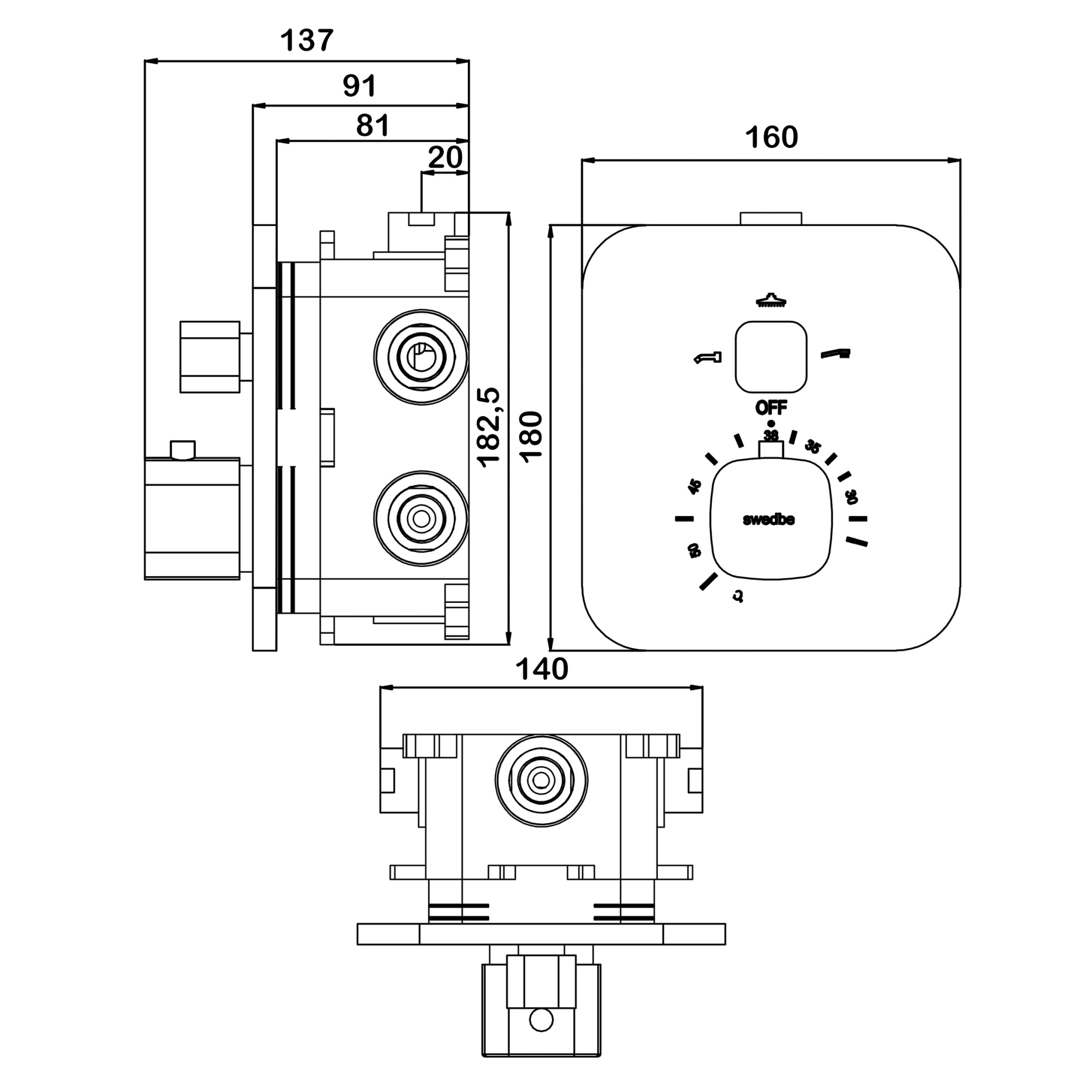 Душевой комплект со встраиваемым термостатическим смесителем (с монтажным боксом) и поворотным изливом Swedbe Platta 5561G1