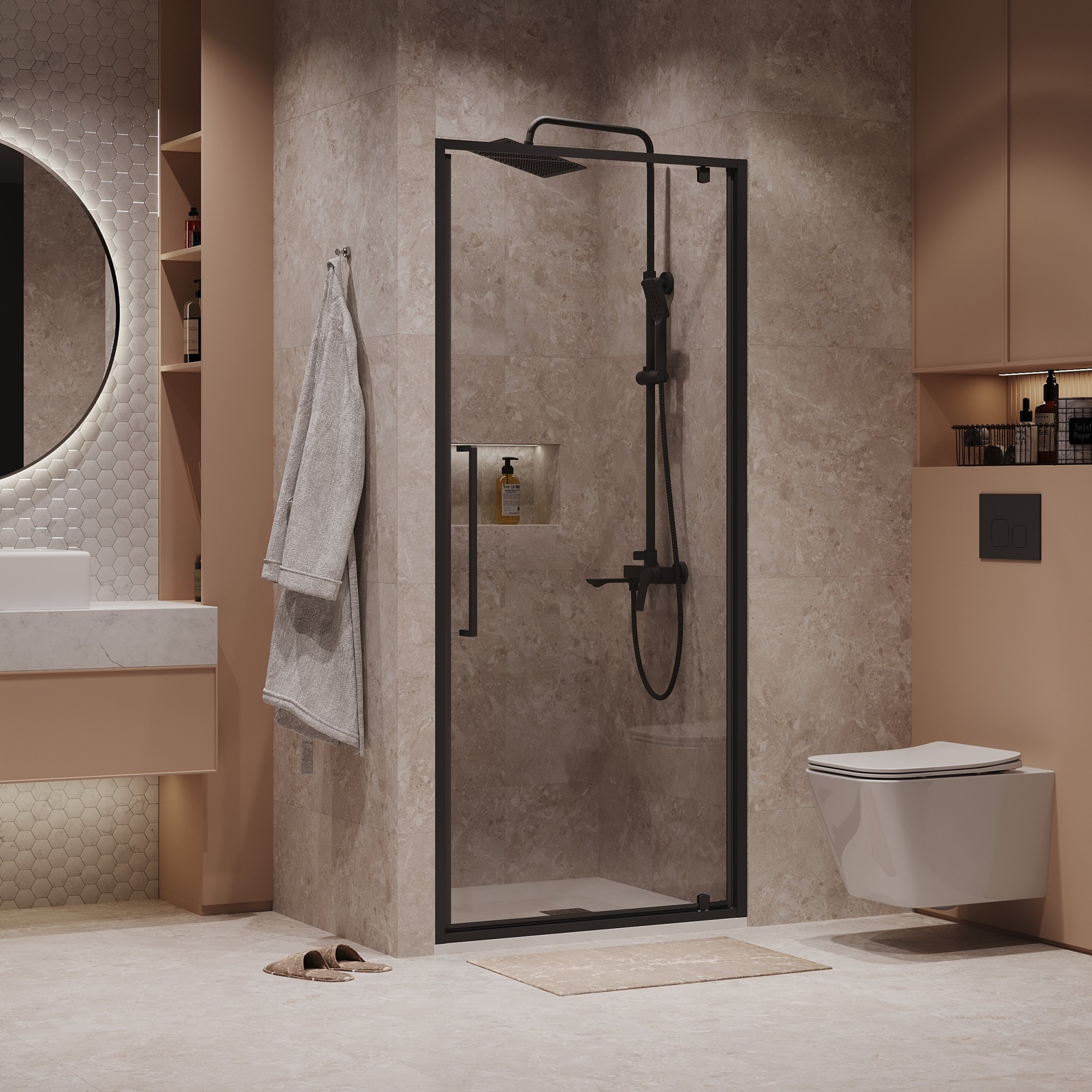 Дверь в нишу NG-85-9AB (90*195) черный матовый, стекло прозрачное