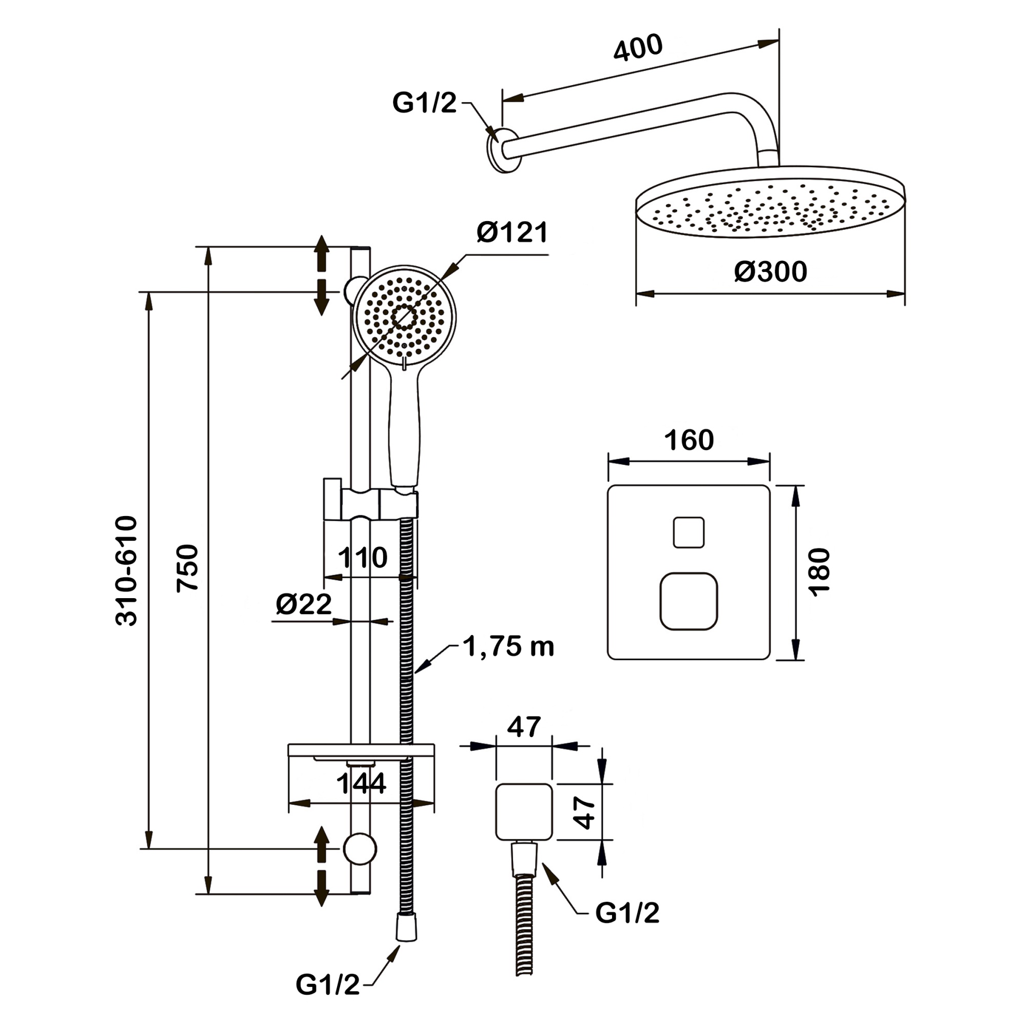 Душевой комплект со встраиваемым термостатическим смесителем (с монтажным боксом) и верхним душем Swedbe Platta 5566