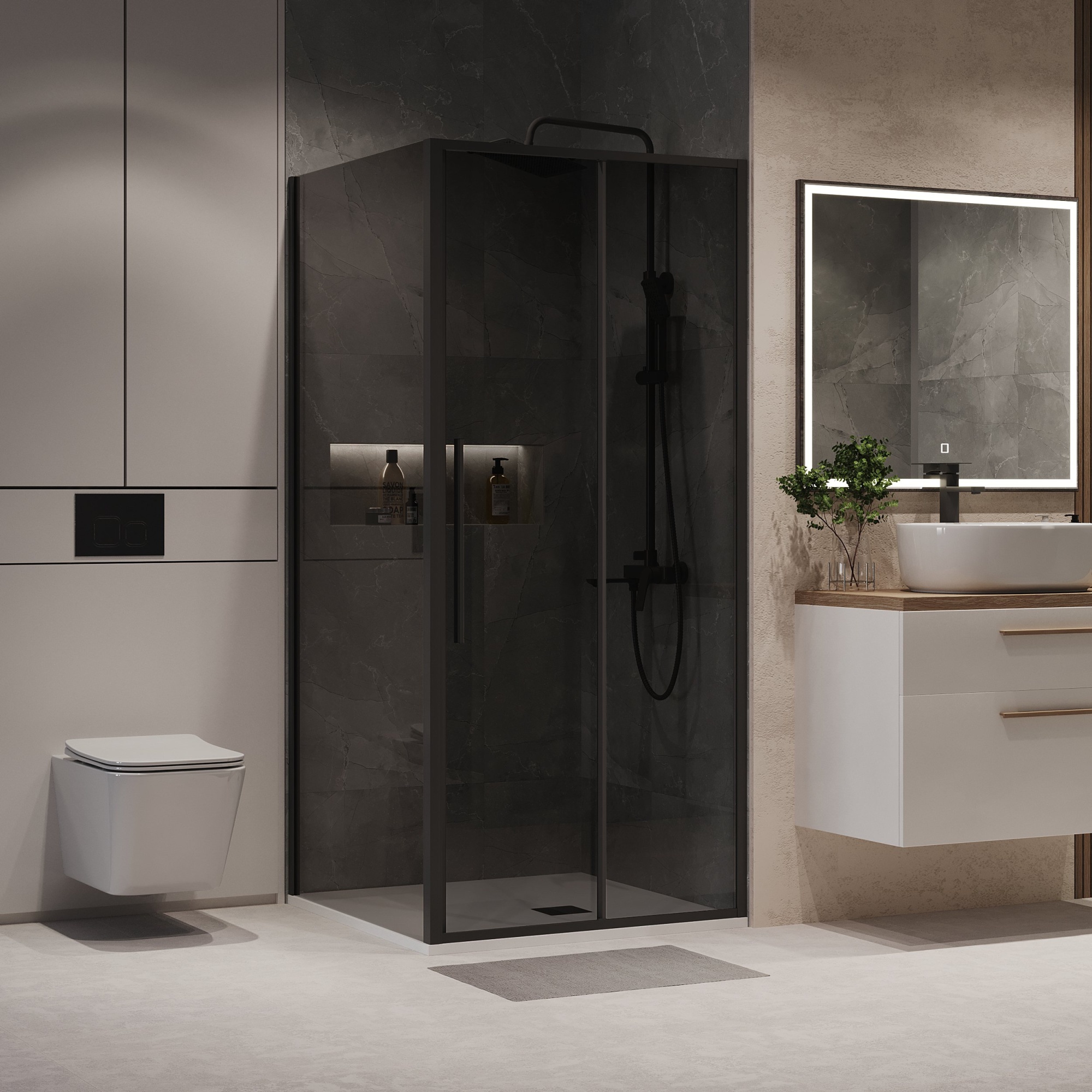 Душевое ограждение NG-85-9TB-TB100-34 (90*100*195) квадрат,раздвижн,черный матов.,стекло тонирован.