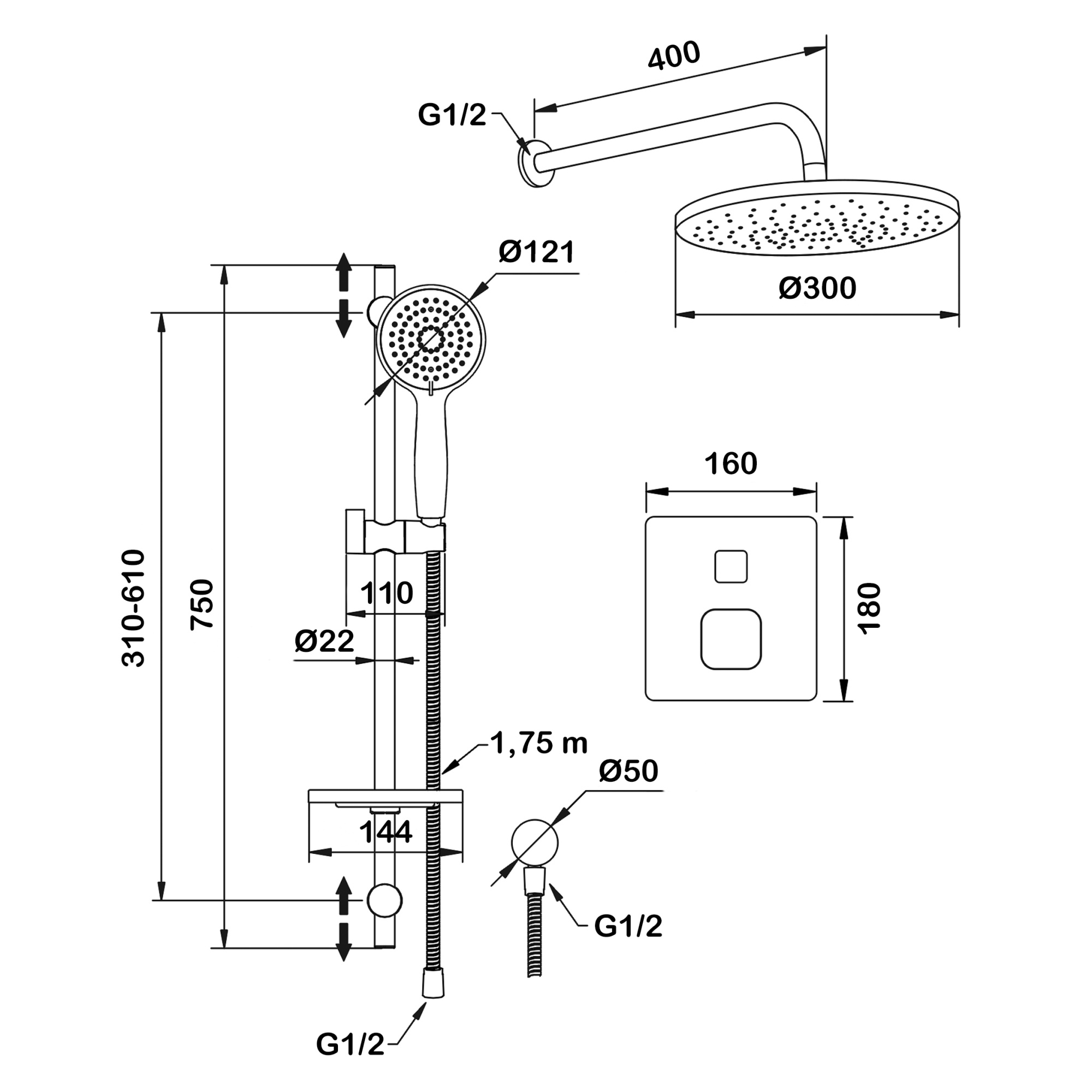 Душевой комплект со встраиваемым термостатическим смесителем (с монтажным боксом) и верхним душем Swedbe Platta 5556G1