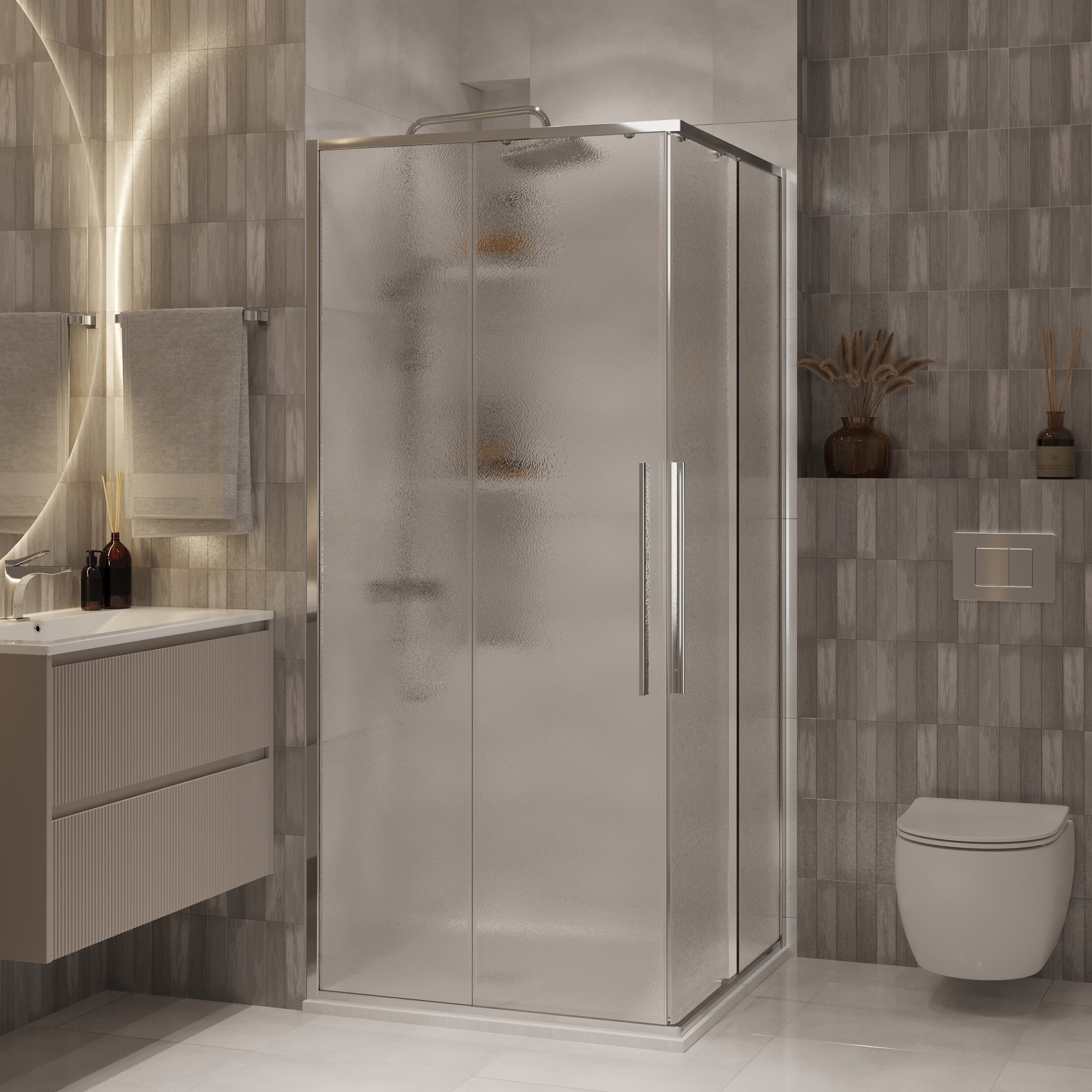Душевое ограждение NG-3624-34 (100*100*195) квадрат, раздвижная, хром, стекло шиншилла