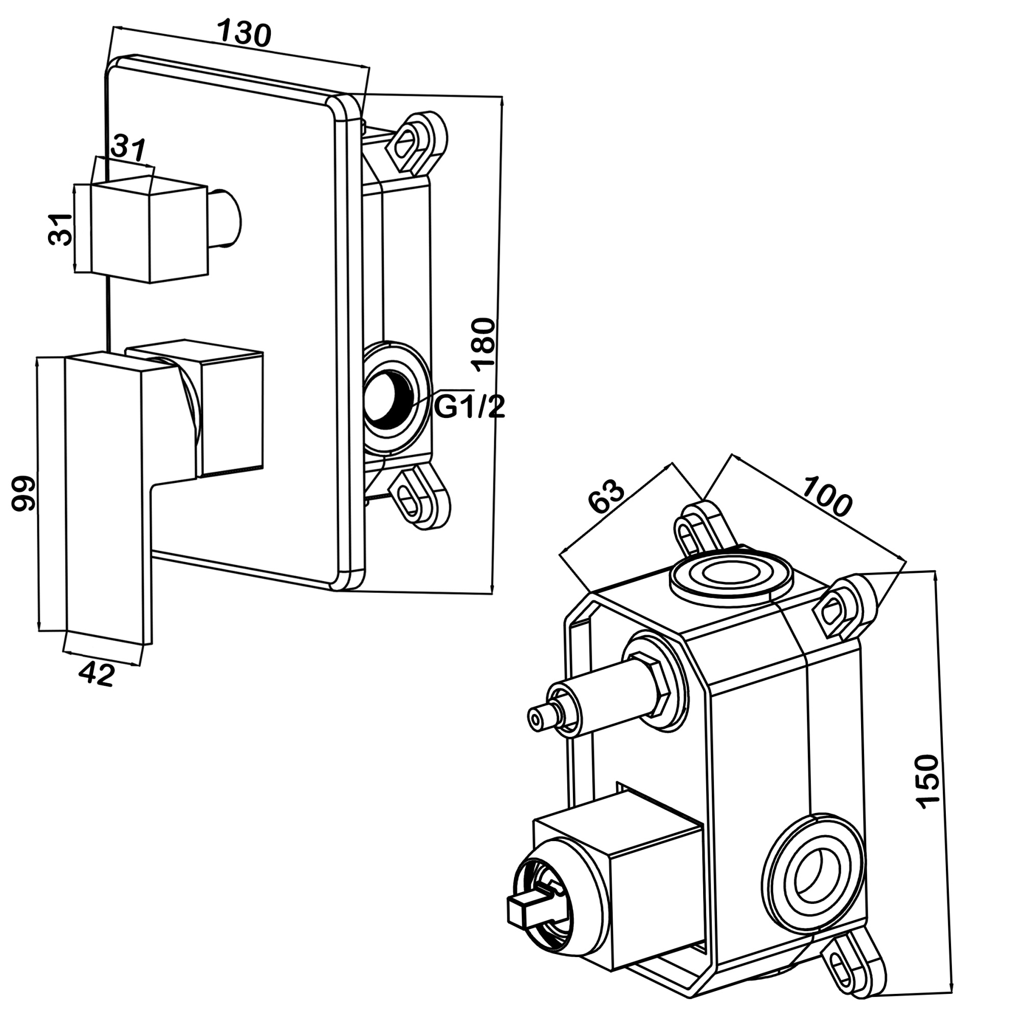 Смеситель встраиваемый подключение на 2 выхода в монтажном боксе Swedbe Platta 5519