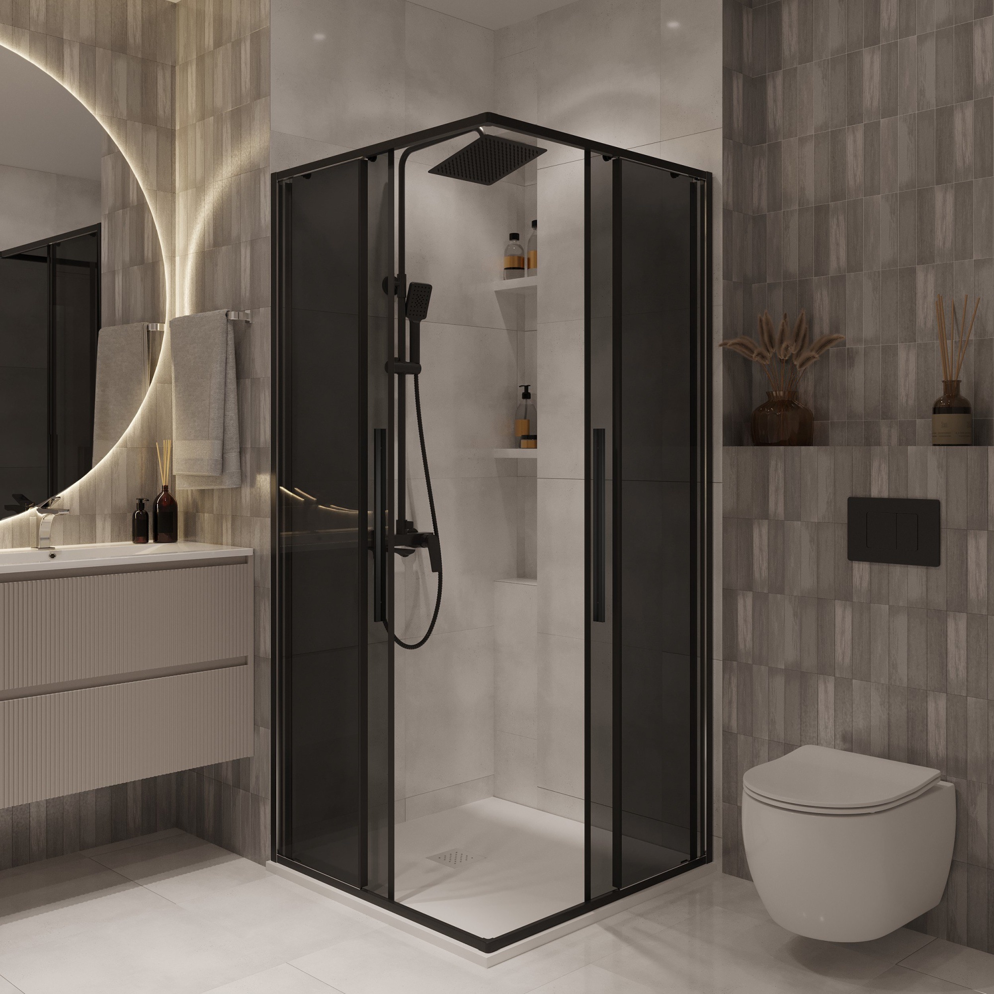 Душевое ограждение NG-2823-34BLACK (90*90*195) квадрат, раздвижная, черный матовый, стекл тонирован