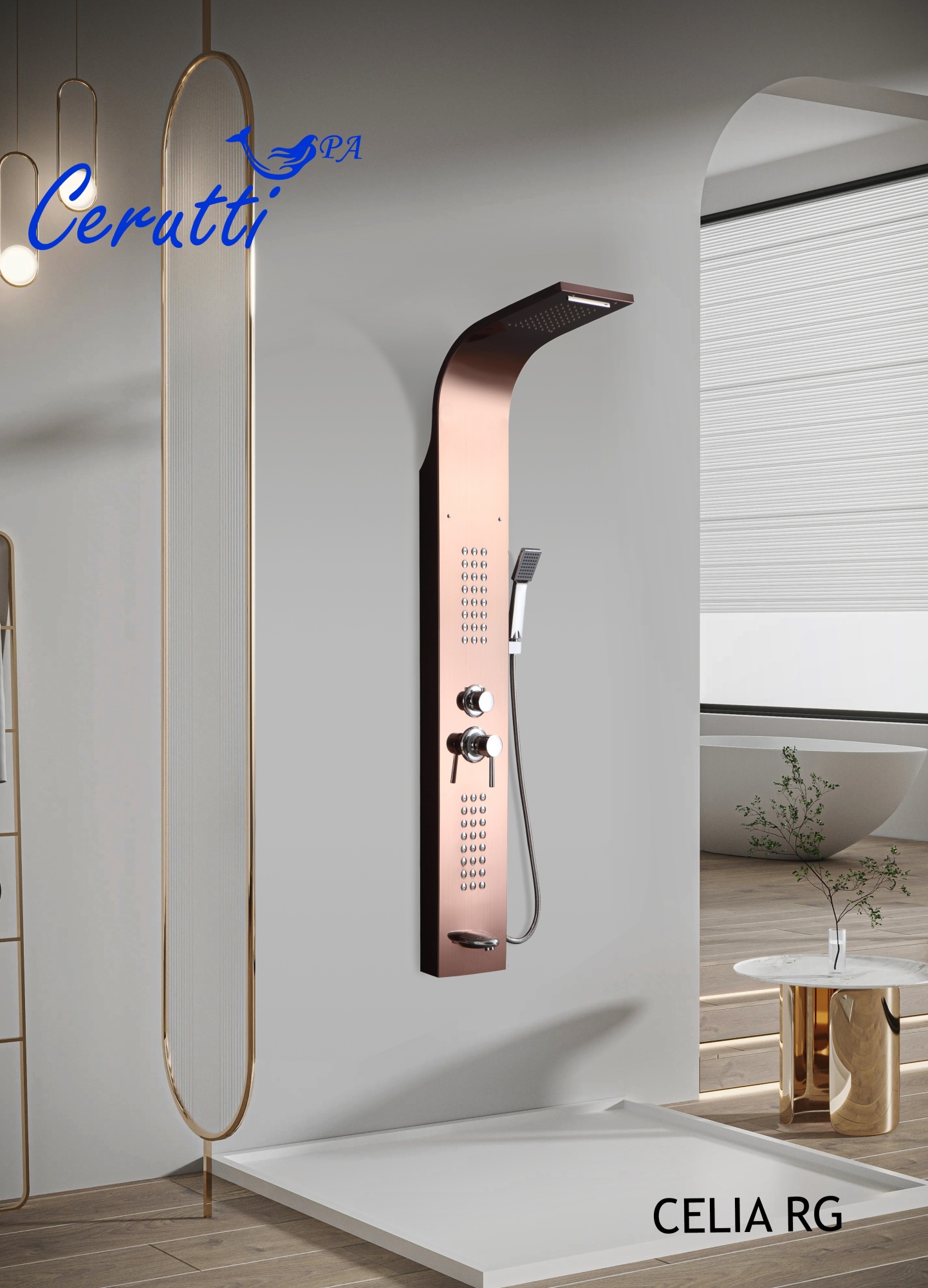 Панель CELIA RG душевая из нержавеющей стали с форсунками Ceruttispa CT10406, цвет розовое золото