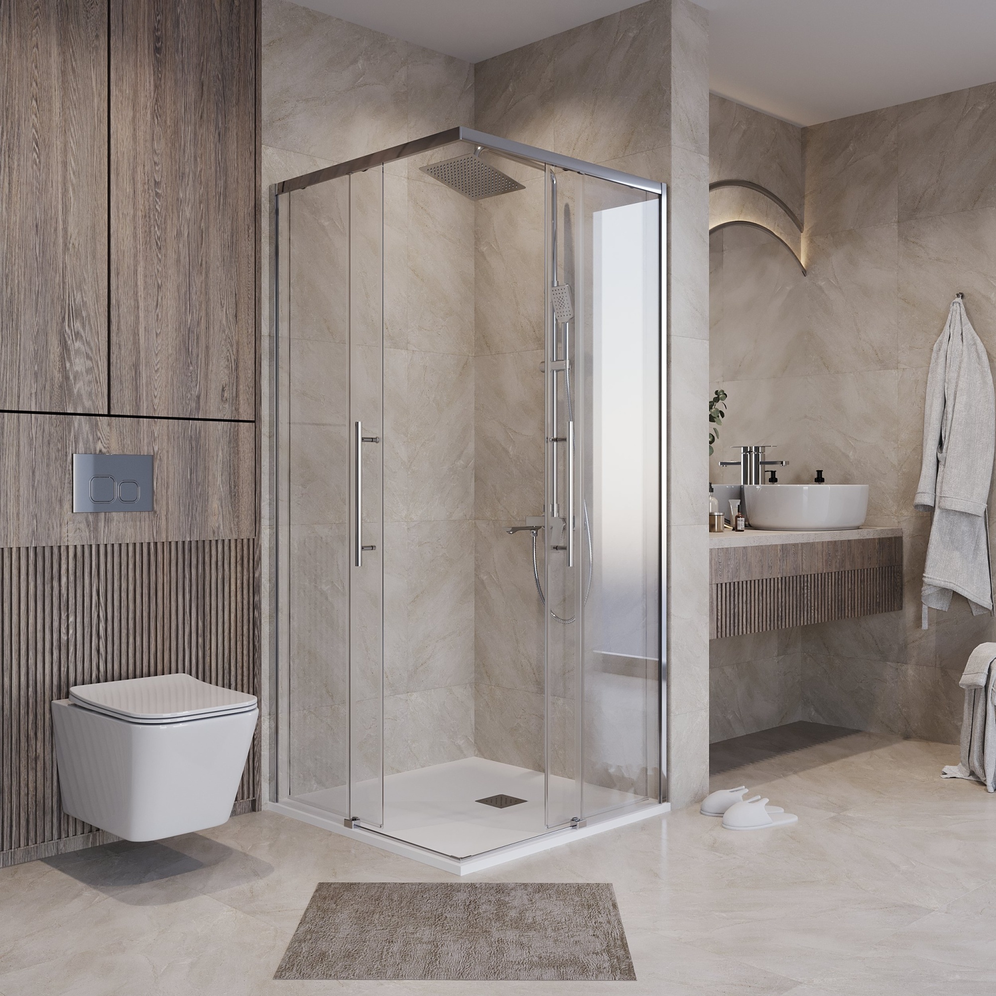 Душевое ограждение NG-6629-34 (90*90*195) квадрат, раздвижная, хром, стекло прозрачное