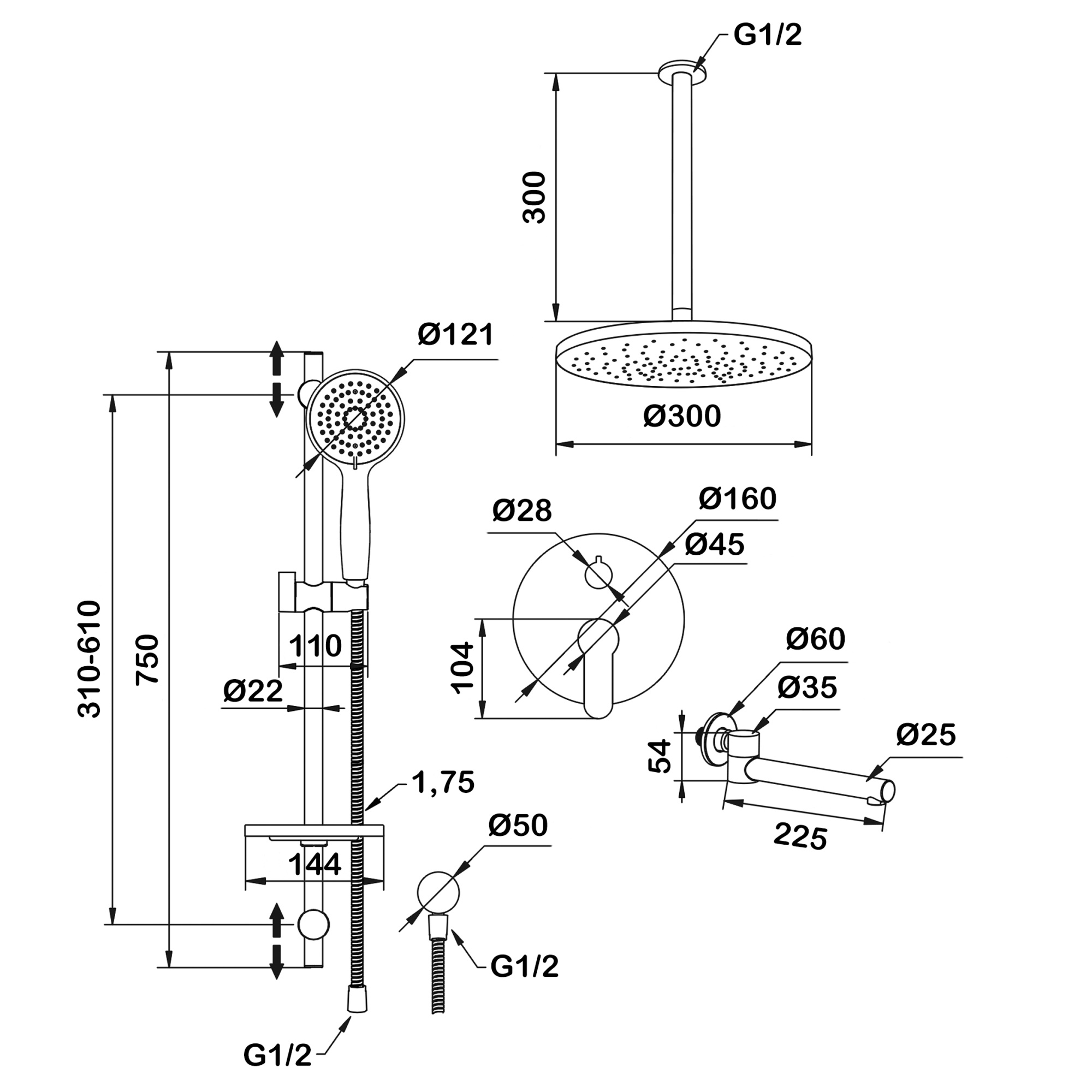 Душевой комплект со встраиваемым смесителем (с монтажным боксом), верхним душем и поворотным изливом Swedbe Platta 5543G1