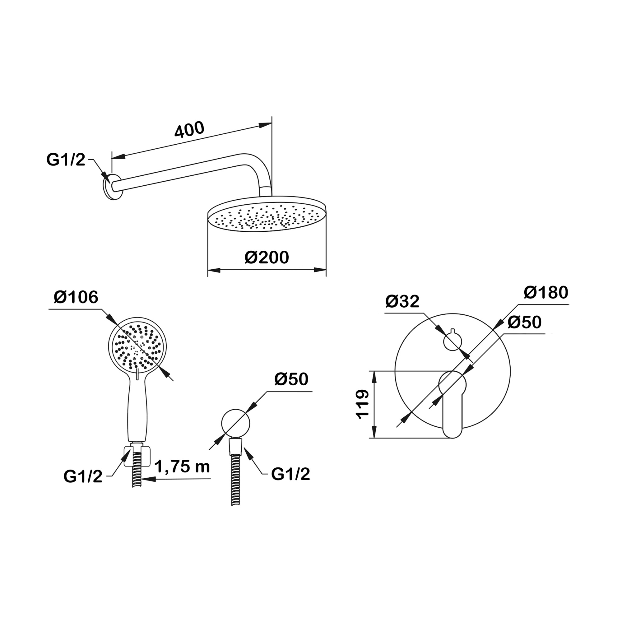 Душевой комплект со встраиваемым смесителем (с монтажным боксом) и верхним душем Swedbe Platta 5538