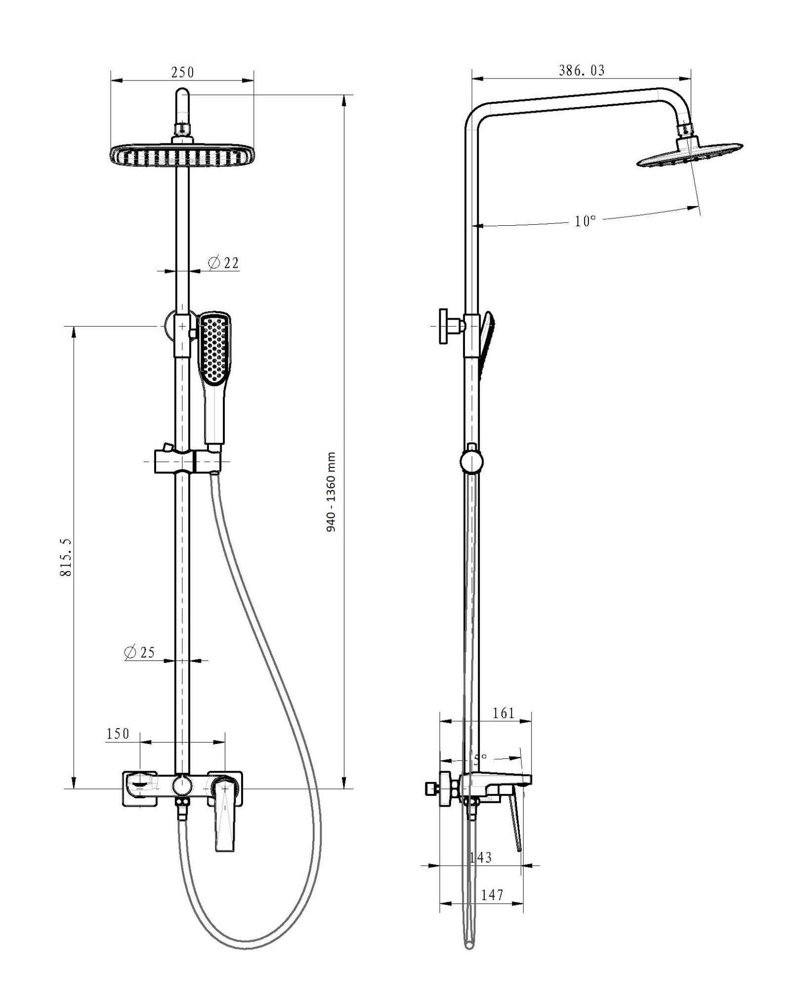 Стойка для душа со смесителем VENTURO черный + хром