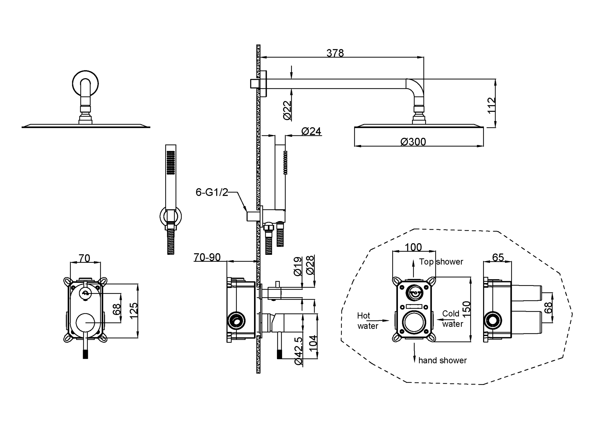 Смеситель встроенный + верхний+ ручной душ, Uno. Shine Gun Metall