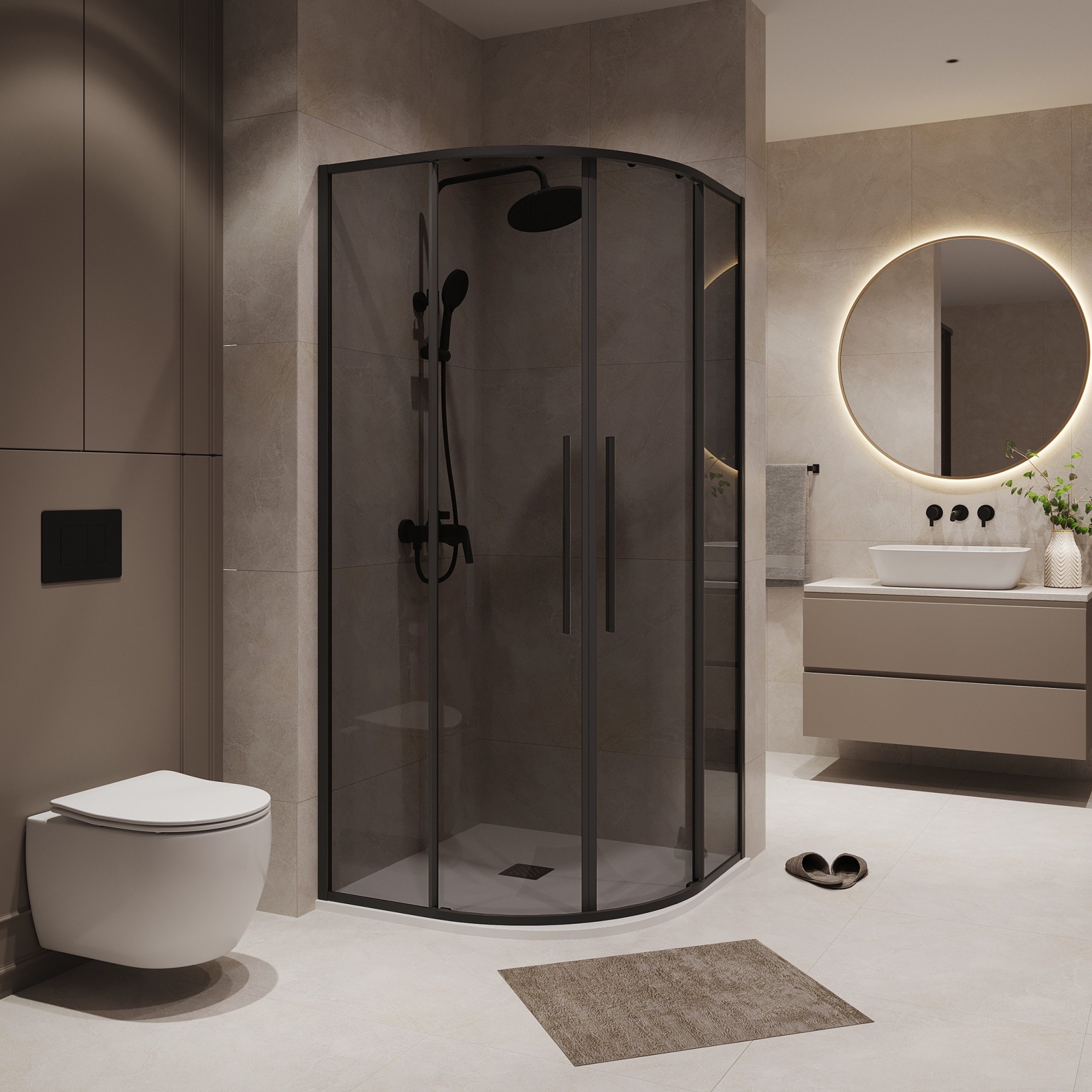 Душевое ограждение NG-2826-34BLACK (90*90*195) полукруг, раздвижная, черный матовый, стекло тониров