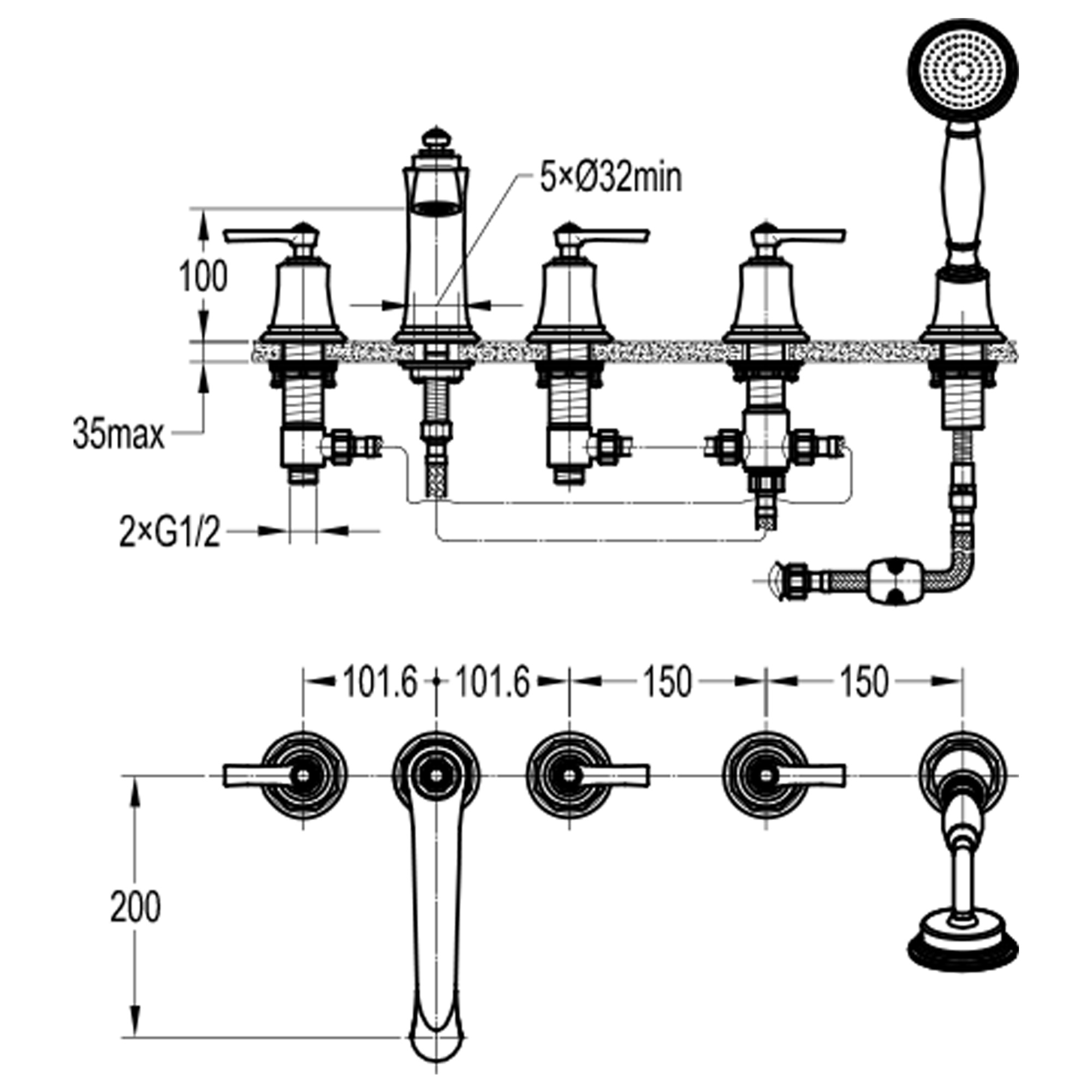 Смеситель для ванны с душевой лейкой на 5 отверстий Swedbe Terracotta Art 2508