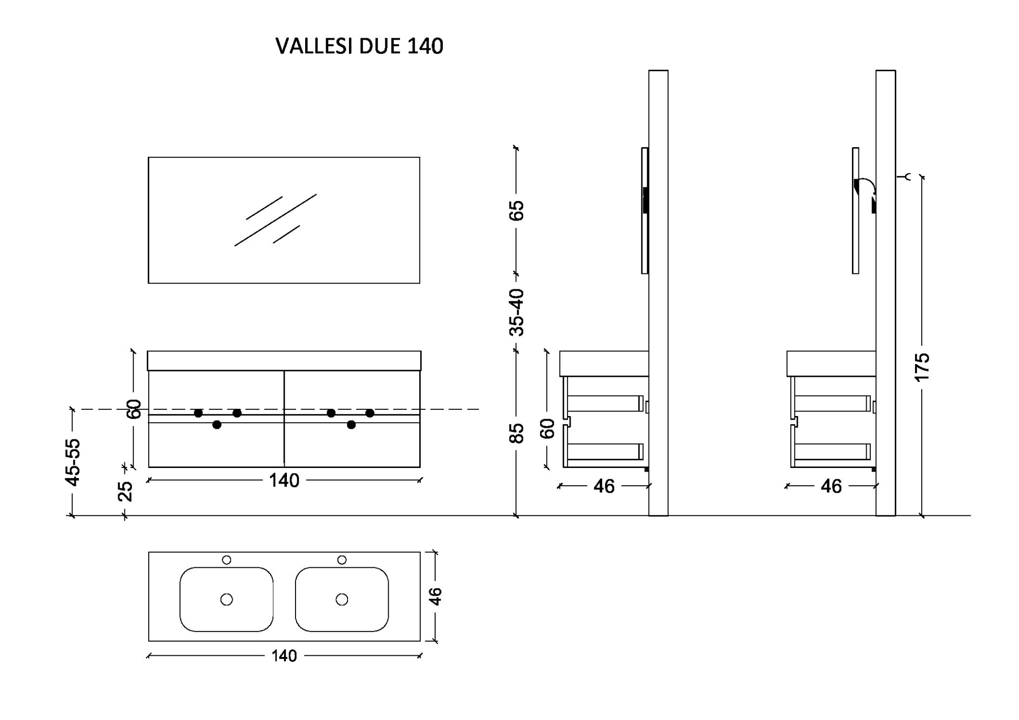 Тумба без раковины Vallessi 140*46cm АНТРАЦИТ мат 4 полки