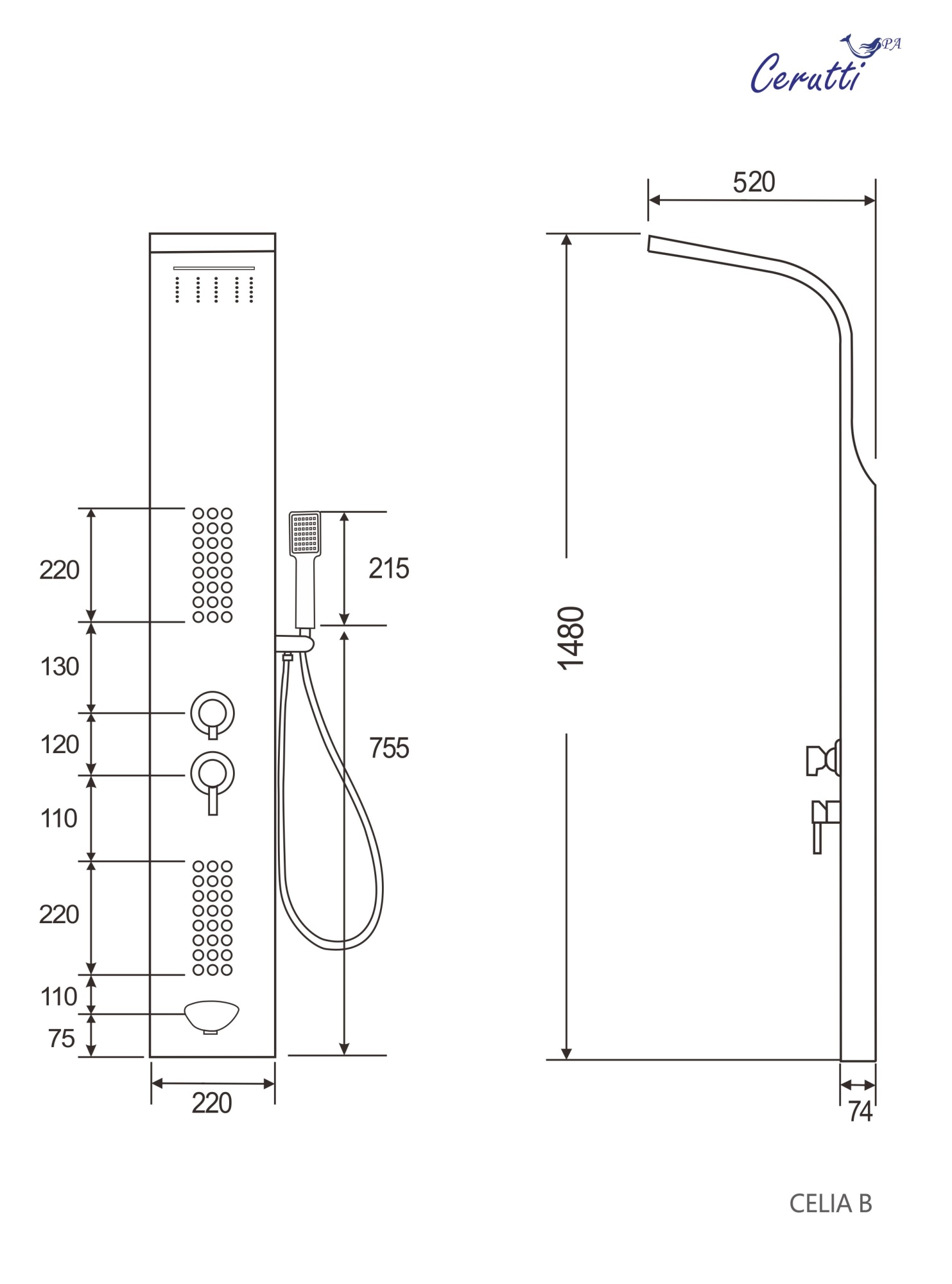 Панель CELIA G душевая из нержавеющей стали с форсунками Ceruttispa CT10404, цвет золото
