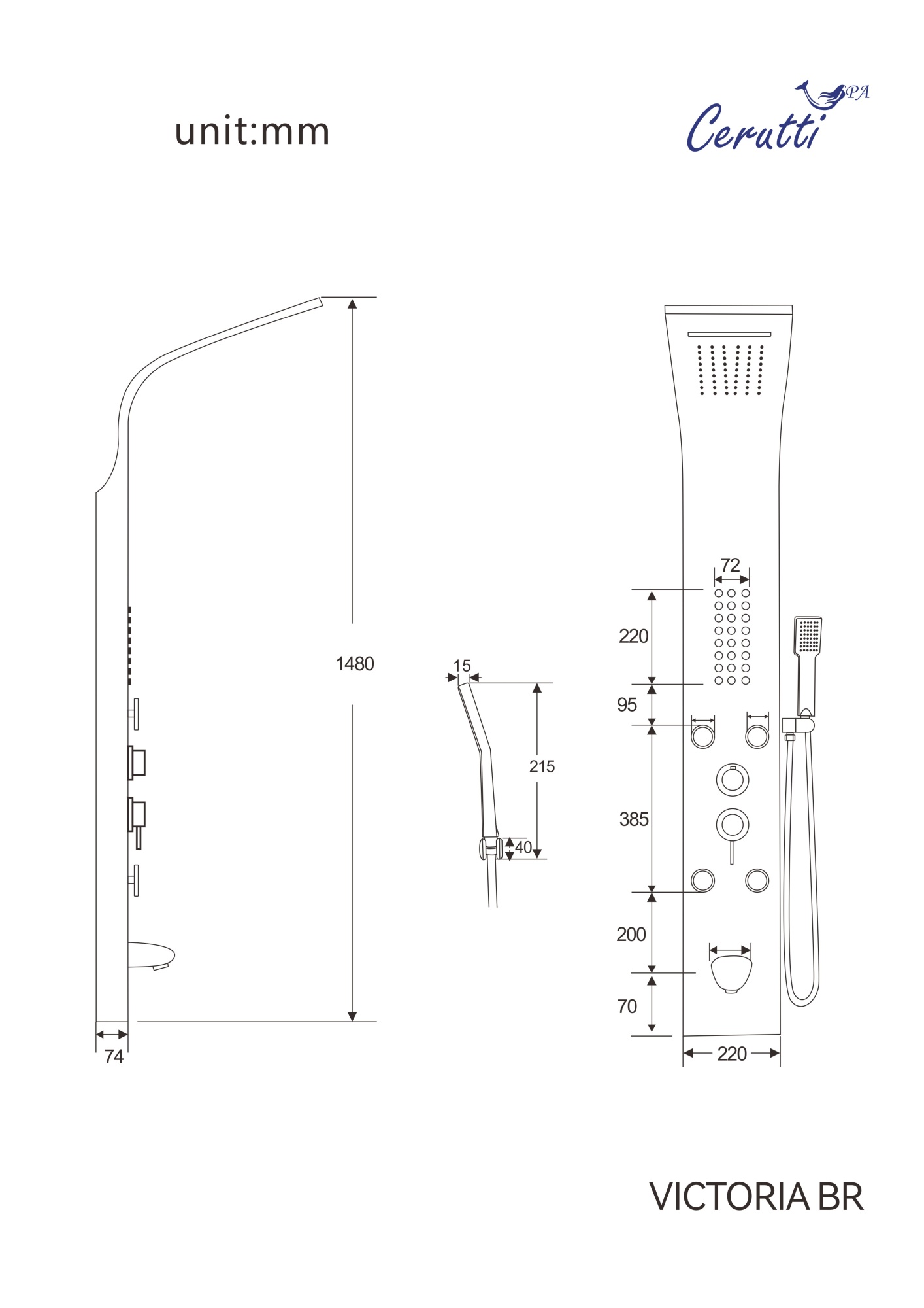 Панель VICTORIA BR душевая из нержавеющей стали с форсунками Ceruttispa CT9980, цвет матовая нержавеющая сталь