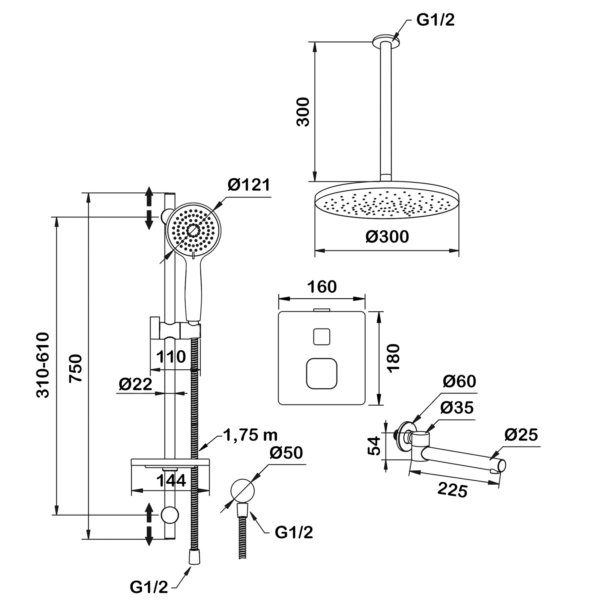 Душевой комплект со встраиваемым термостатическим смесителем (с монтажным боксом) и поворотным изливом Swedbe Platta 5561G1