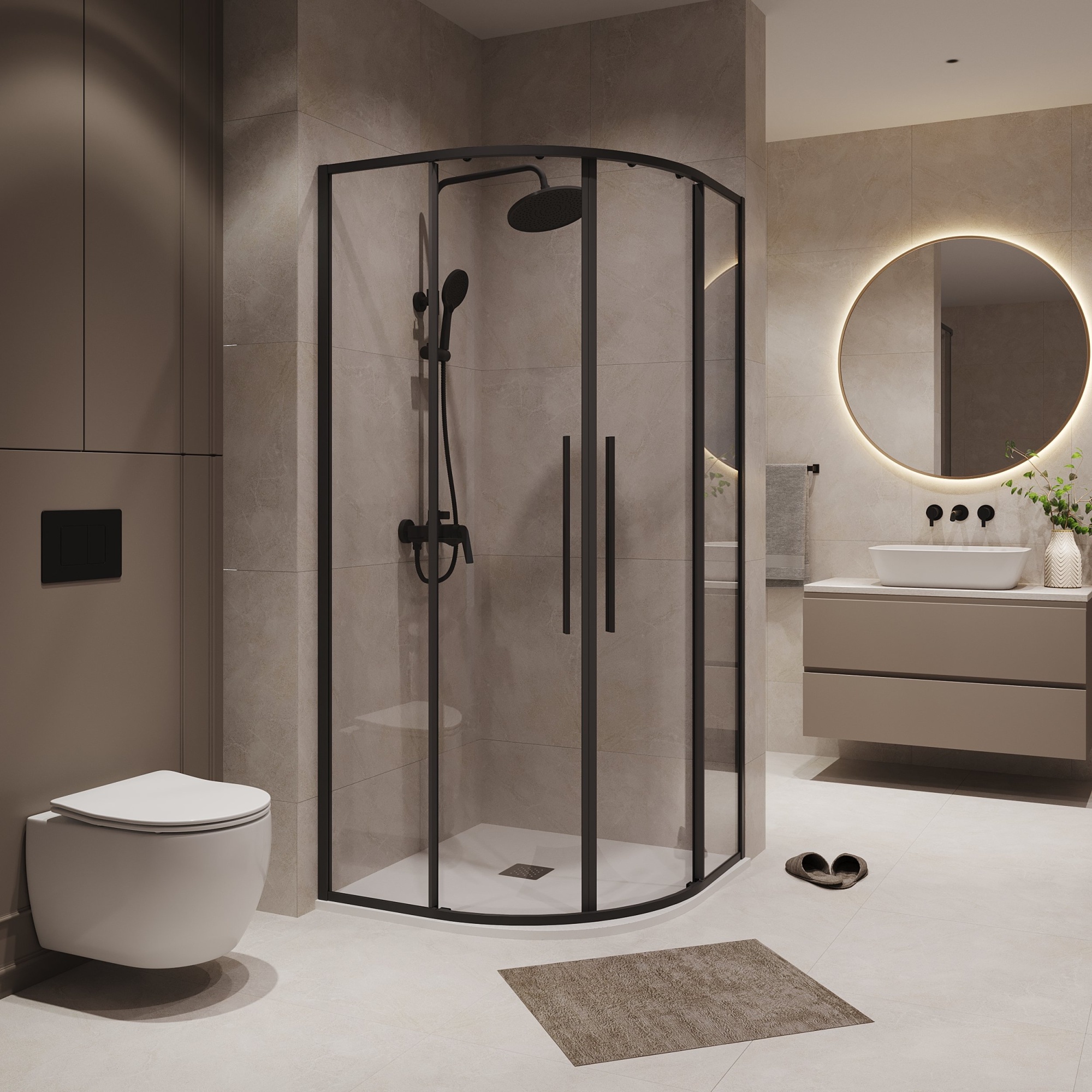 Душевое ограждение NG-6826-34BLACK (90*90*195) полукруг, раздвижная, черный матов, стекло прозрач