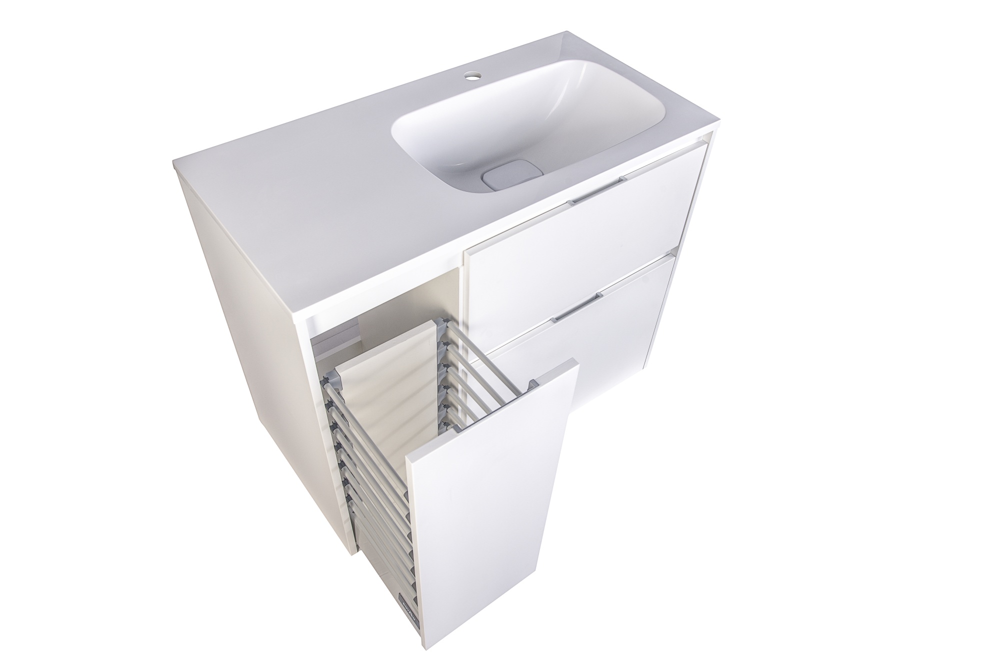 Тумба напольная "Барселона 90" правая (2 ящ.) с выкатной корзиной, Люкс белая, Plus