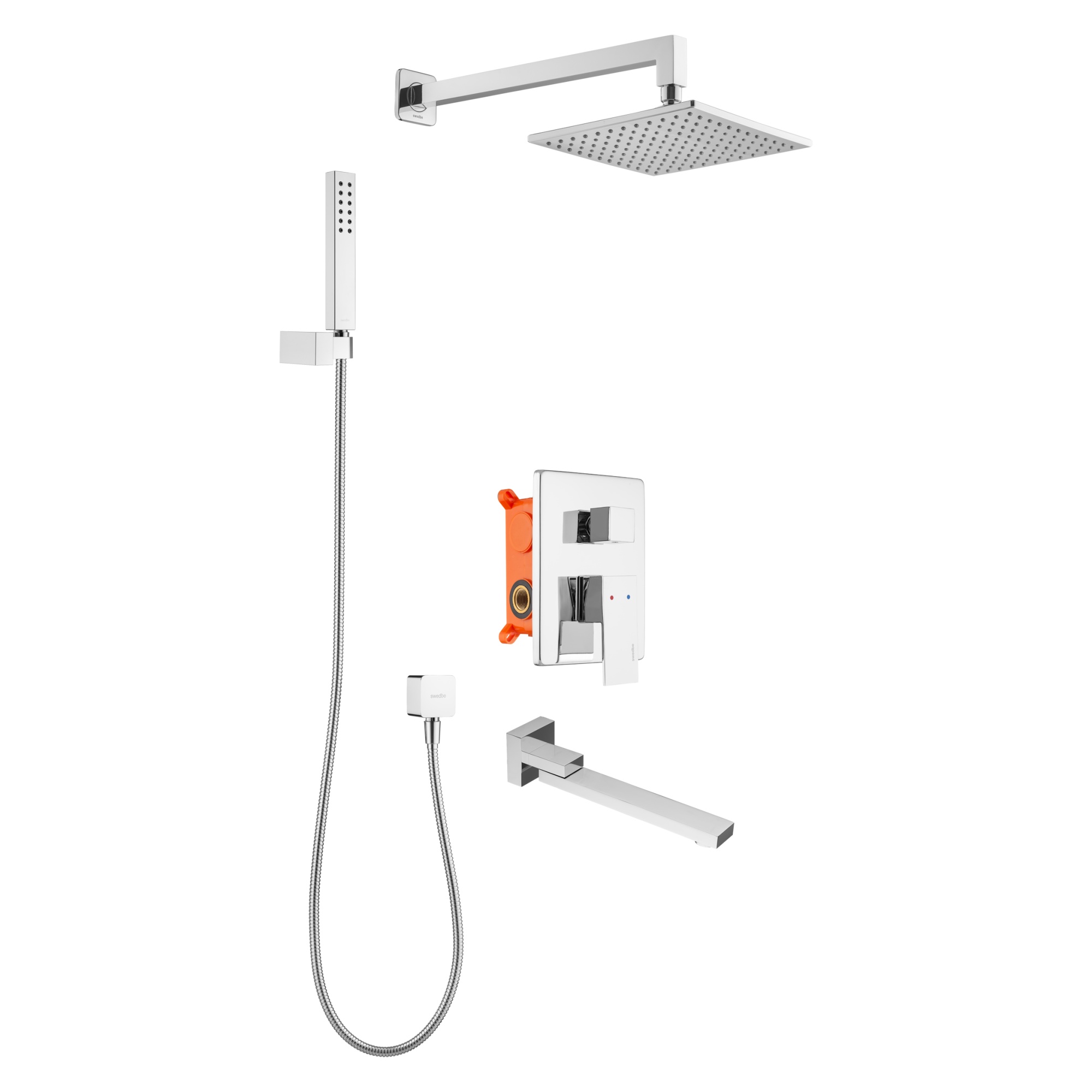 Душевой комплект со встраиваемым смесителем (с монтажным боксом), верхним душем и поворотным изливом Swedbe Platta 5546
