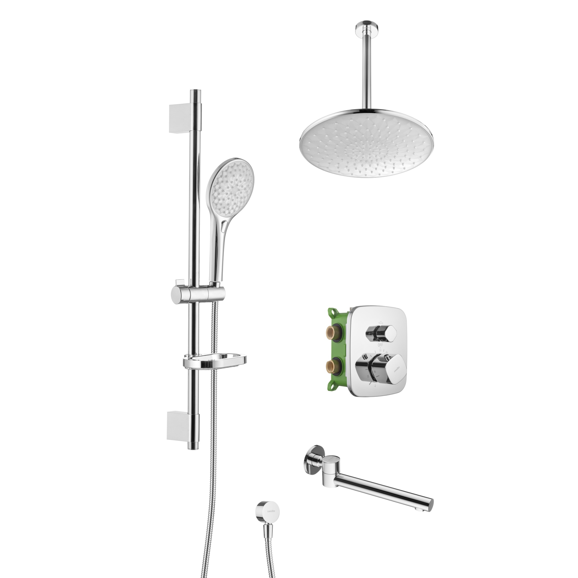 Душевой комплект со встраиваемым термостатическим смесителем (с монтажным боксом) и поворотным изливом Swedbe Platta 5561G1