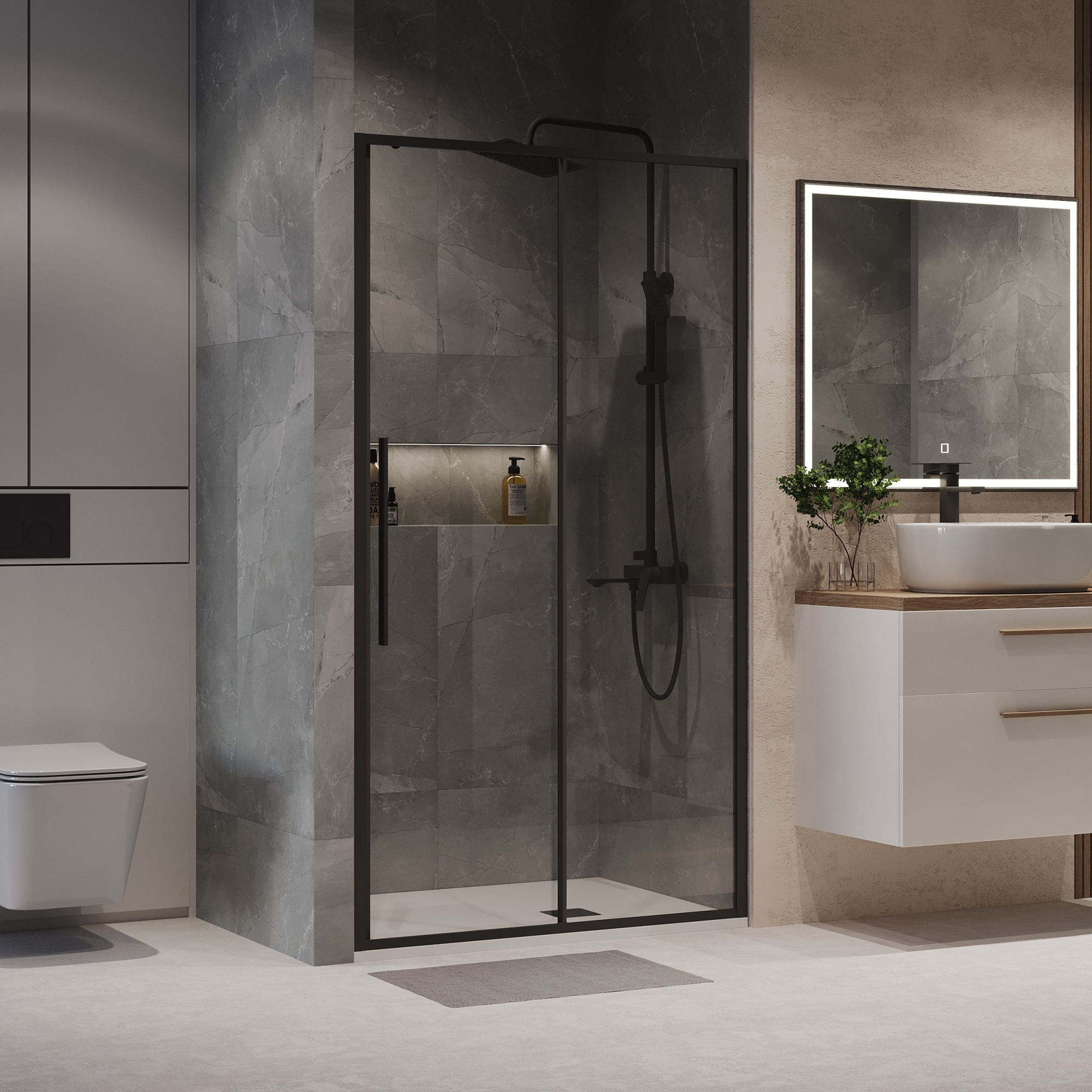 Дверь в нишу NG-84-14AB (140*195) черный матовый, стекло прозрачное