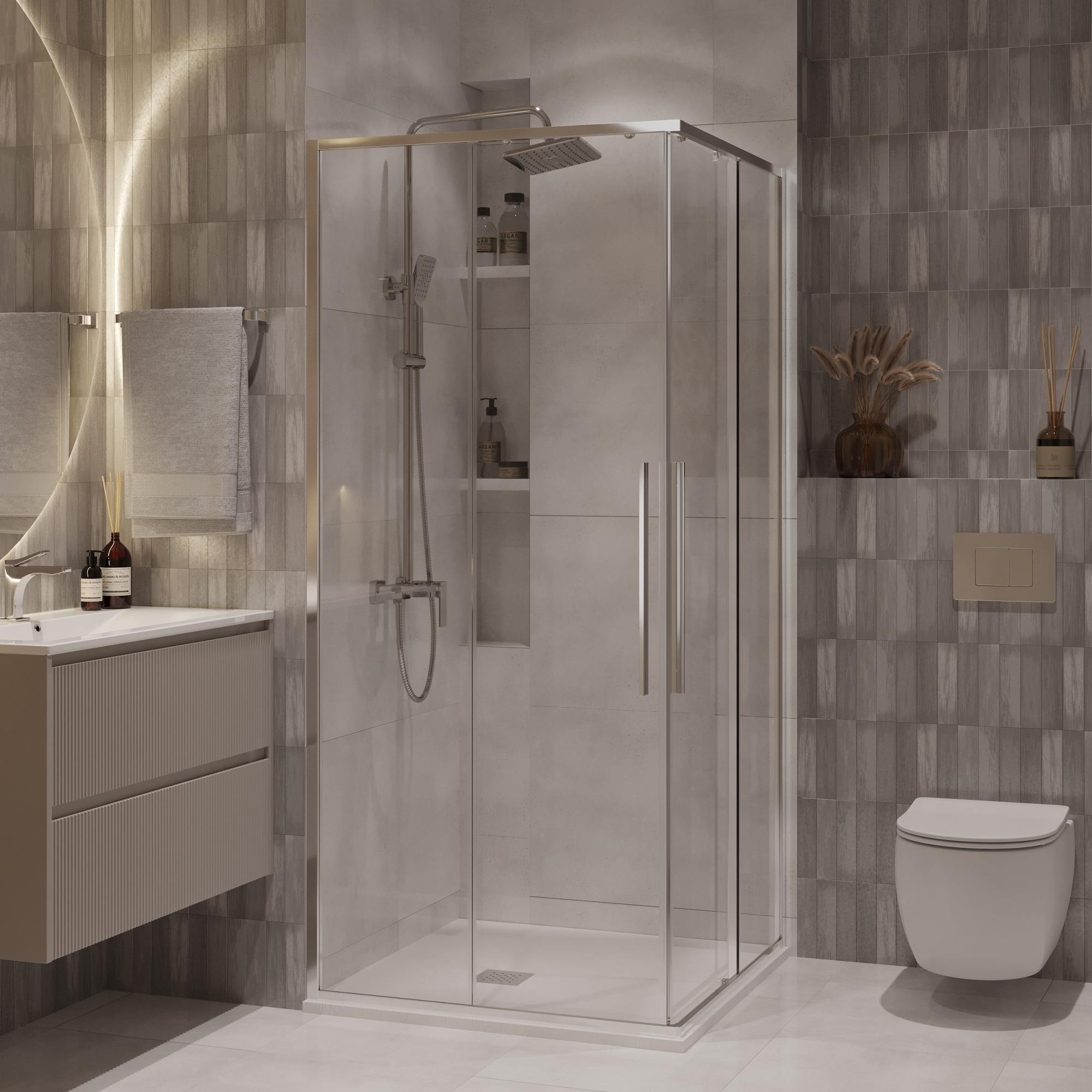 Душевое ограждение NG-6622-34 (80*80*195) квадрат, раздвижная, хром, стекло прозрачное