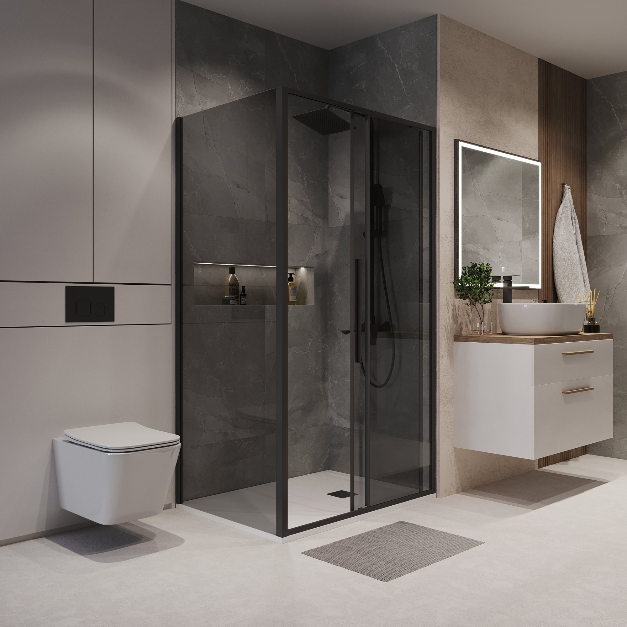 Душевое ограждение NG-85-14TB-TB100-34 (140*100*195) прямоуг,раздвижн,черный матов,стекло тонирован