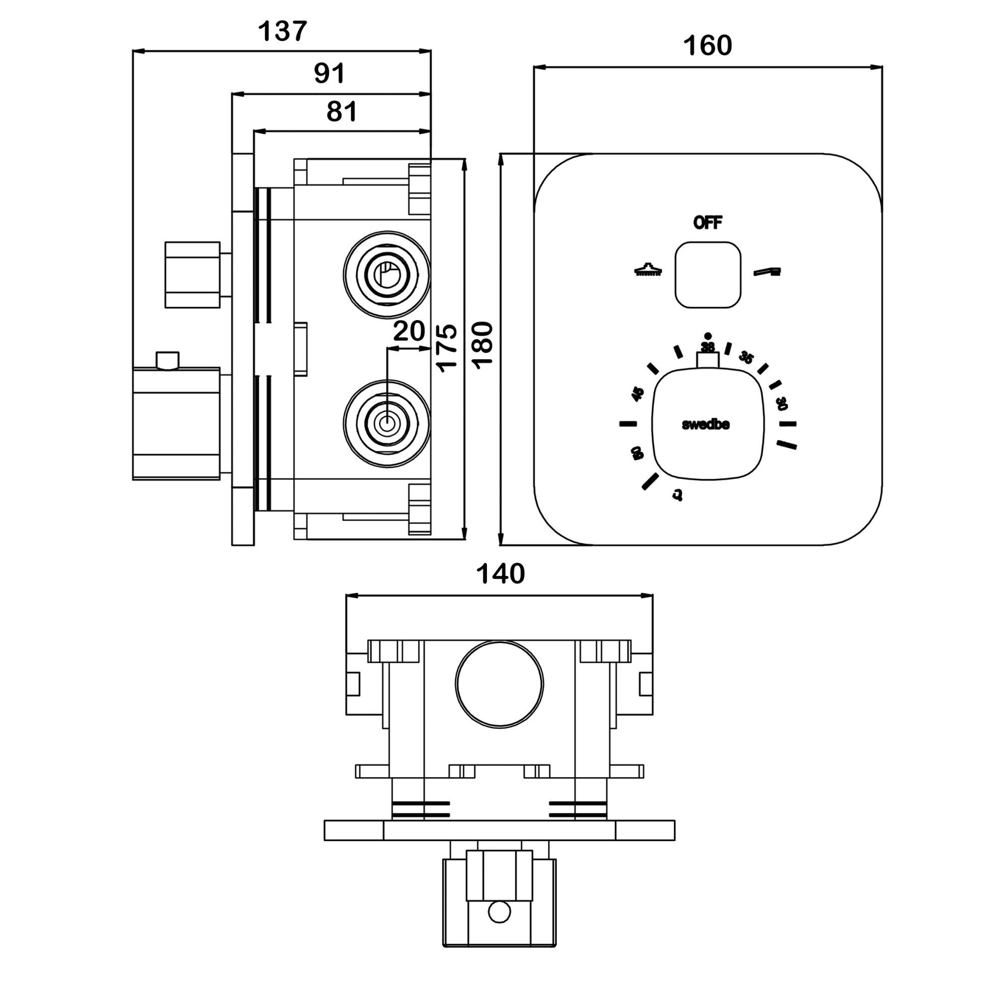 Душевой комплект со встраиваемым термостатическим смесителем (с монтажным боксом) и верхним душем Swedbe Platta 5557G1