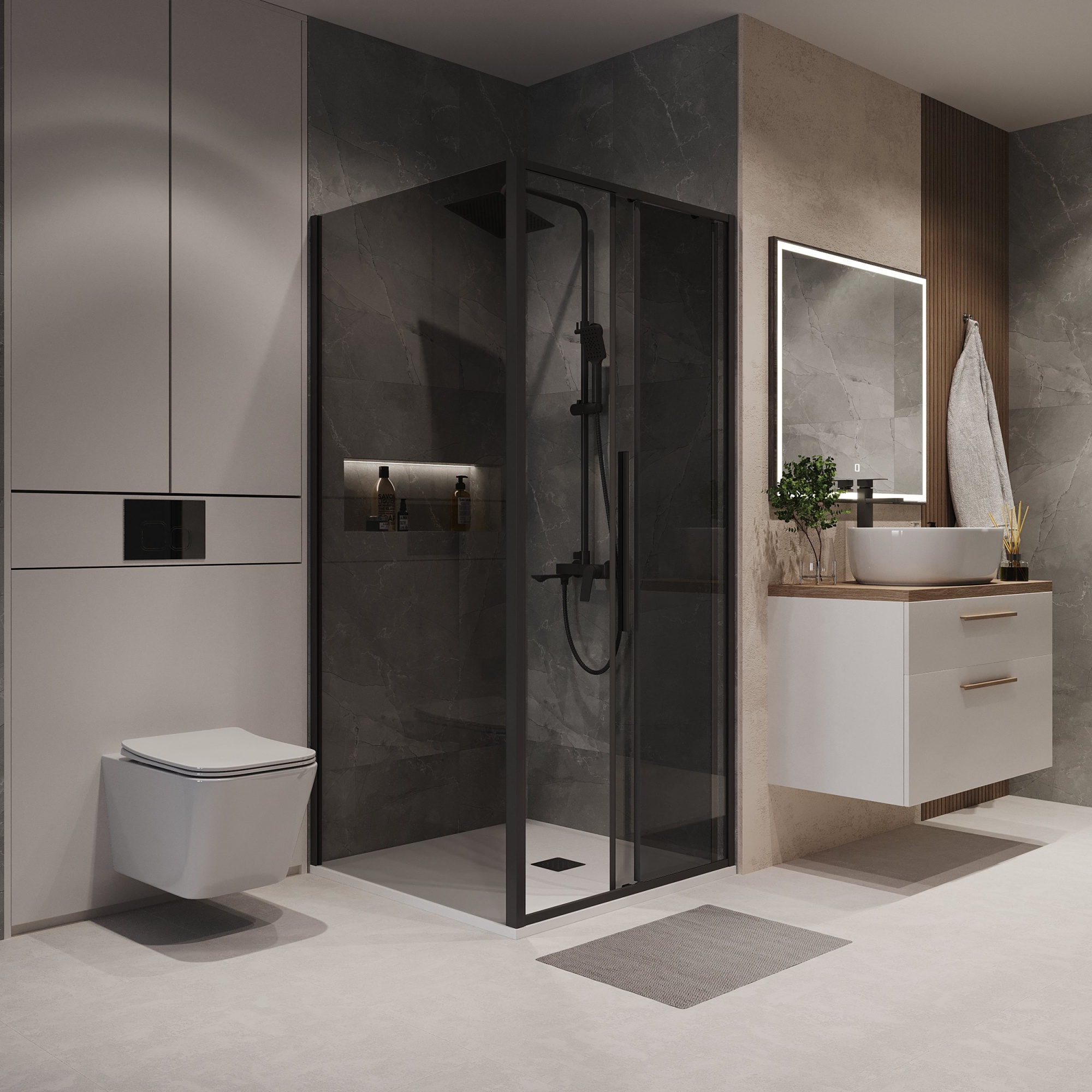 Душевое ограждение NG-85-10TB-TB100-34 (100*100*195) квадрат,раздвижн,черный матов,стекло тонирован