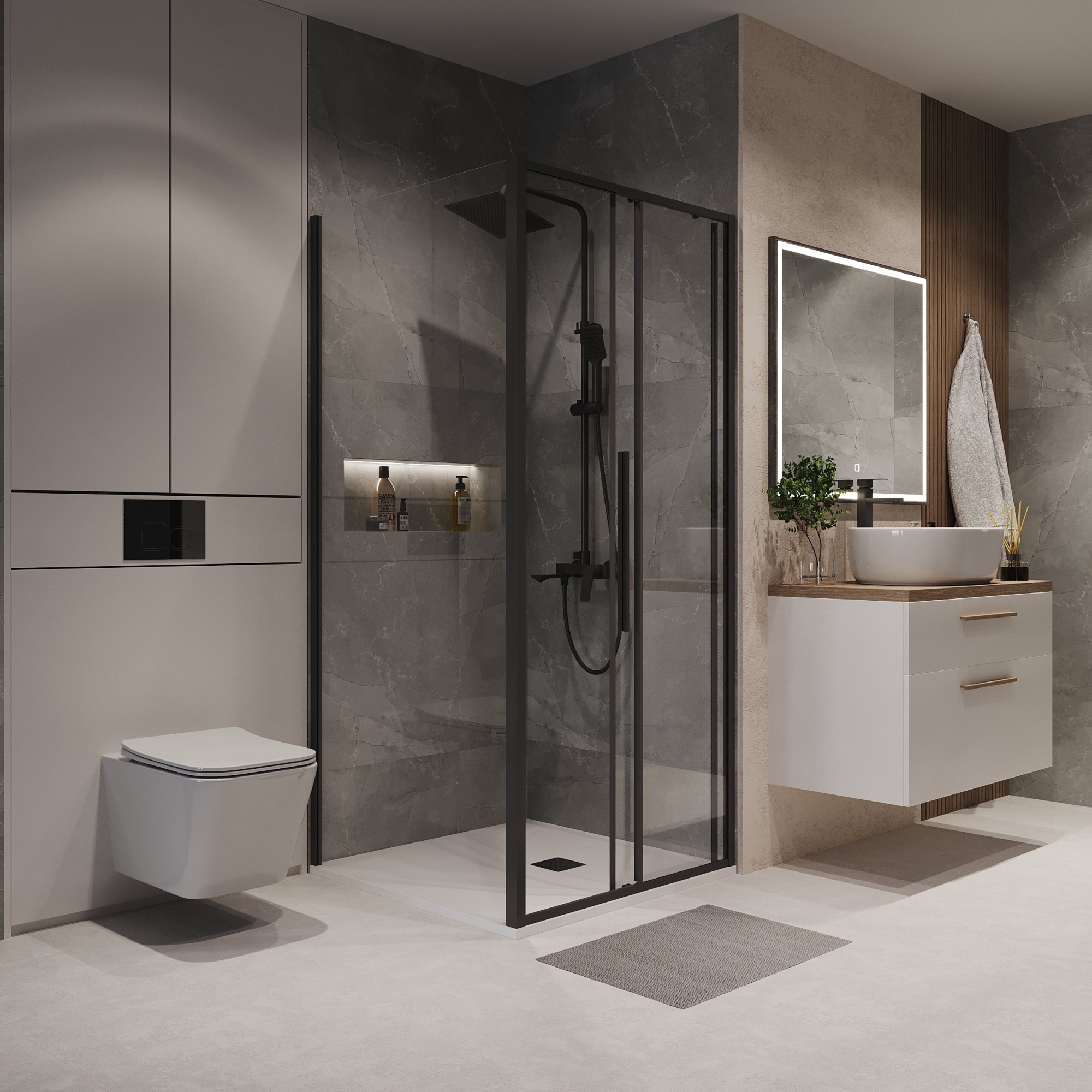 Душевое ограждение NG-84-10AB-A90B-34 (100*90*195) прямоуг.,раздвижн.,черный матов,стекло прозрачн.