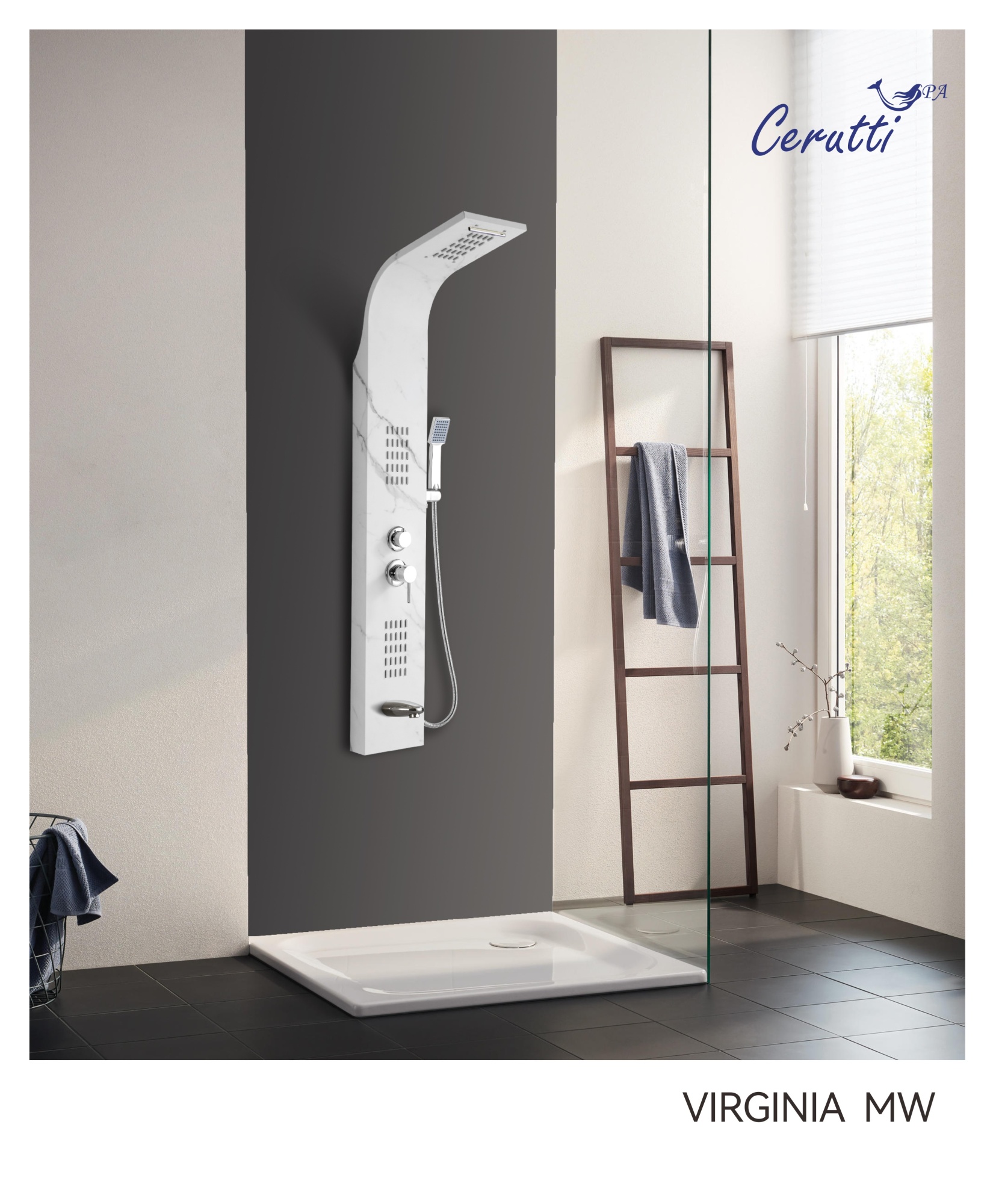 Панель VIRGINIA MW душевая из нержавеющей стали с форсунками Ceruttispa CT9982, цвет белый мрамор