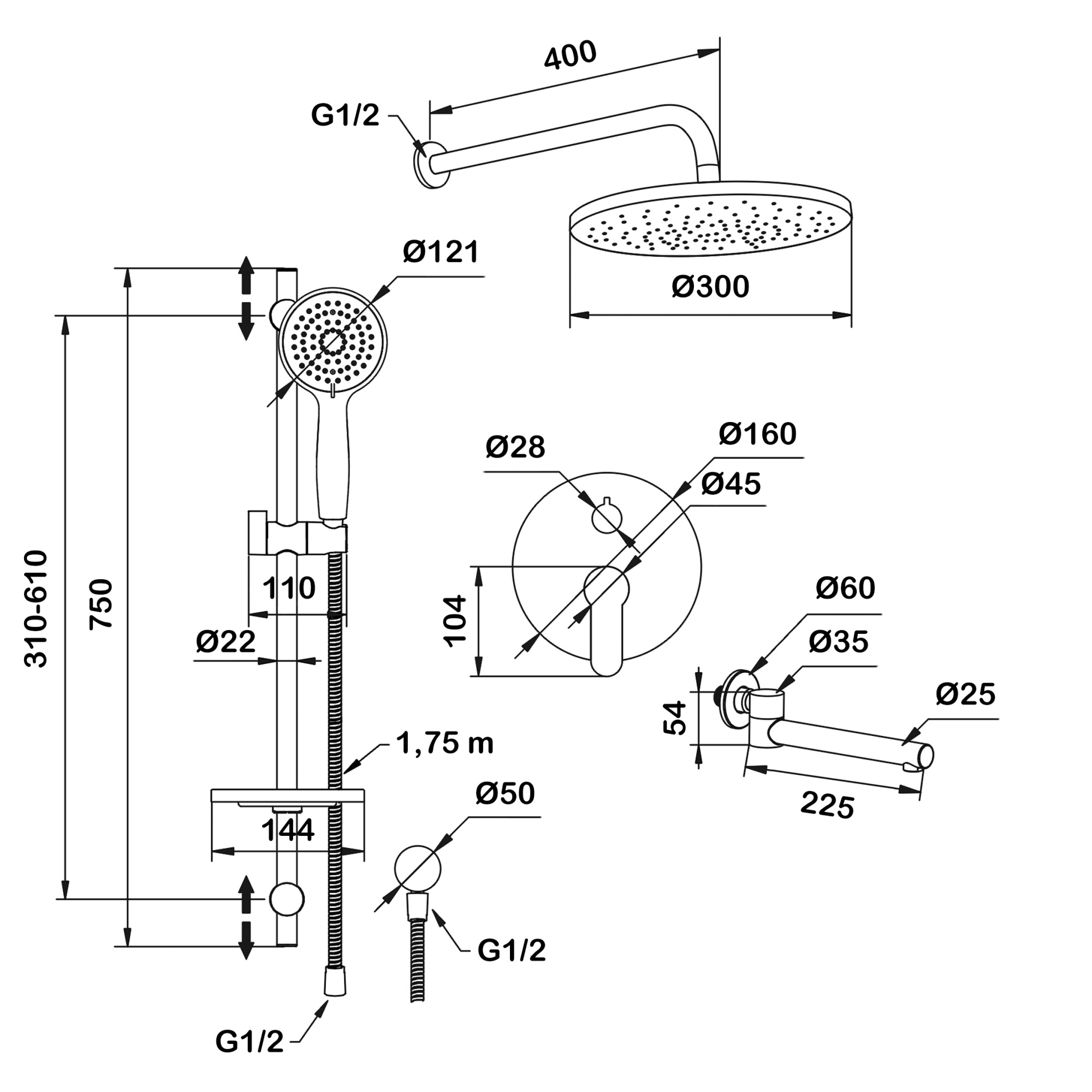 Душевой комплект со встраиваемым смесителем (с монтажным боксом), верхним душем и повортным изливом Swedbe Platta 5542G1