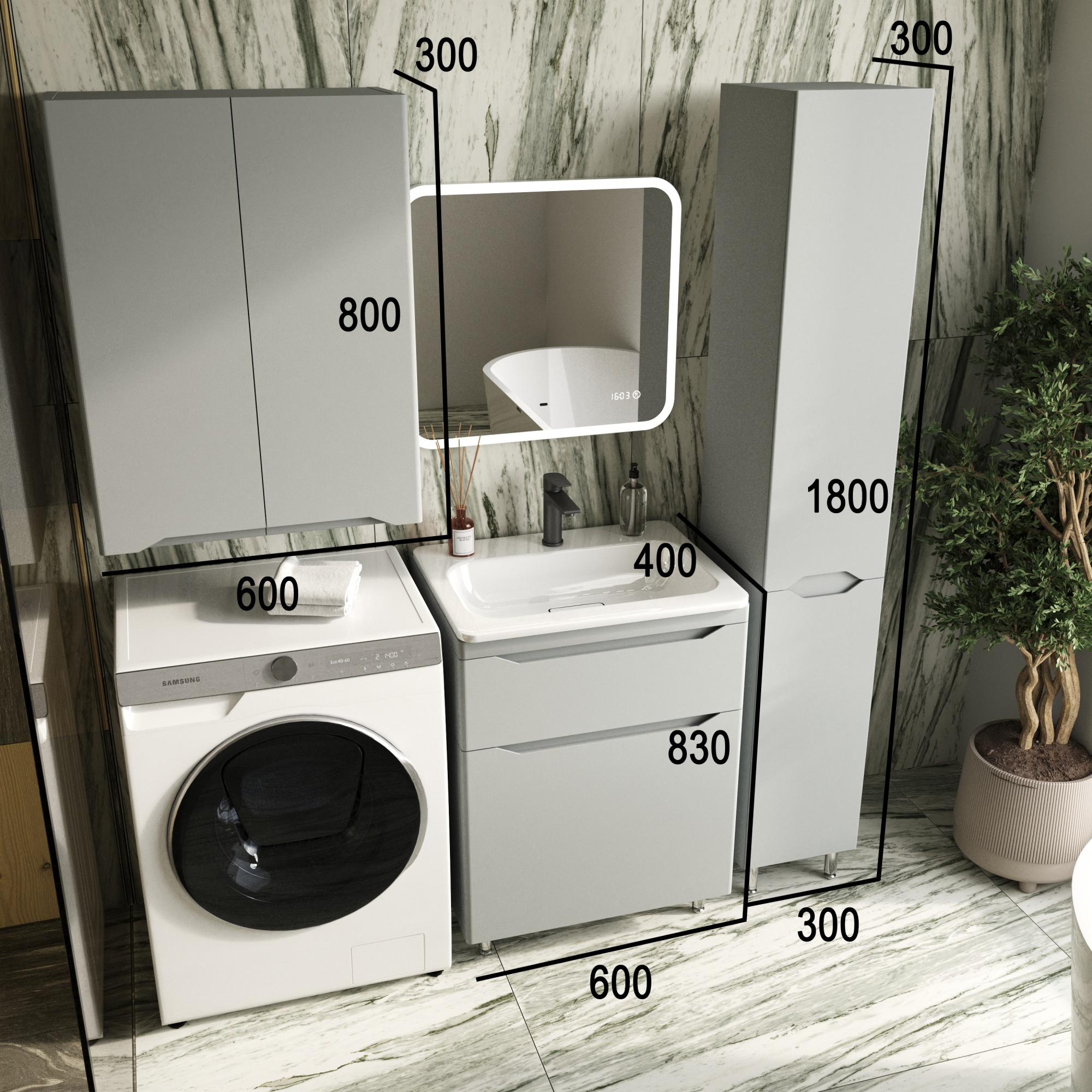 Тумба напольная "Марелла 60" (2 ящ.) Люкс антискрейтч серый, PLUS